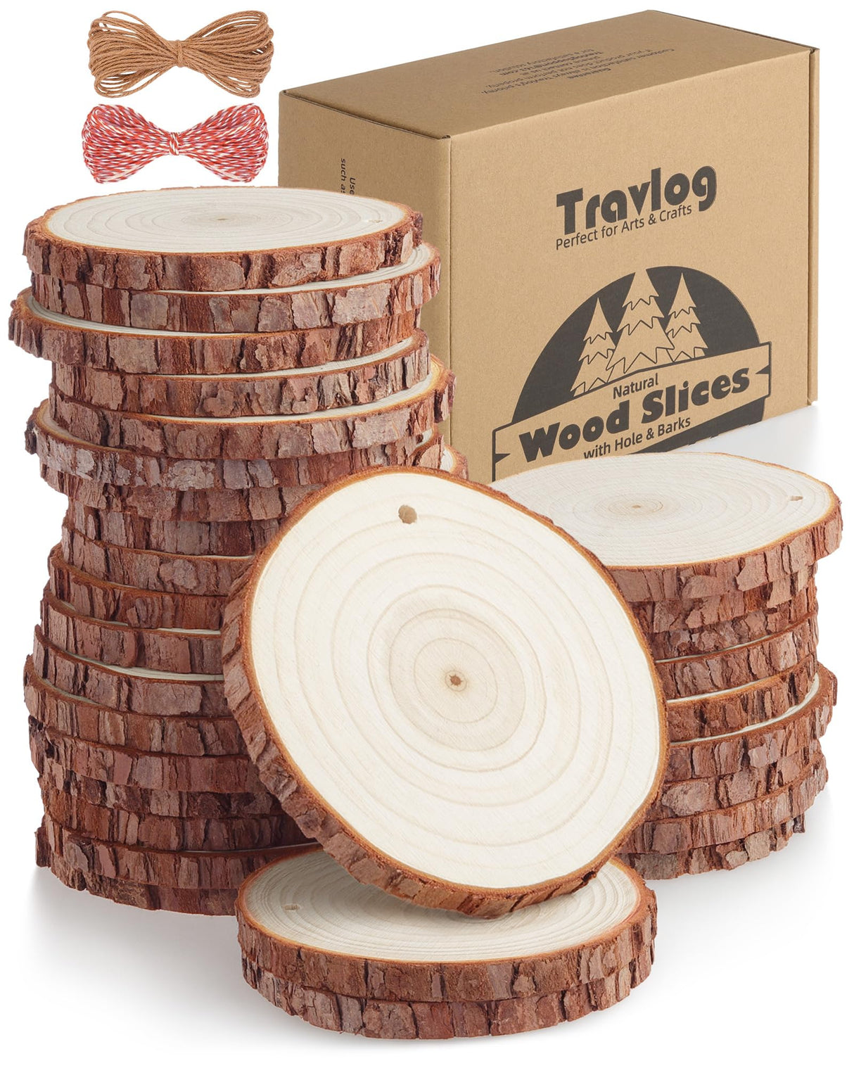 Travlog Unfinished Wood Slices with Hole, Natural Wooden Circles with Bark for DIY Crafts, Home Decor, Christmas Ornaments (30Pcs, 3.5-4 Inch) Travlog