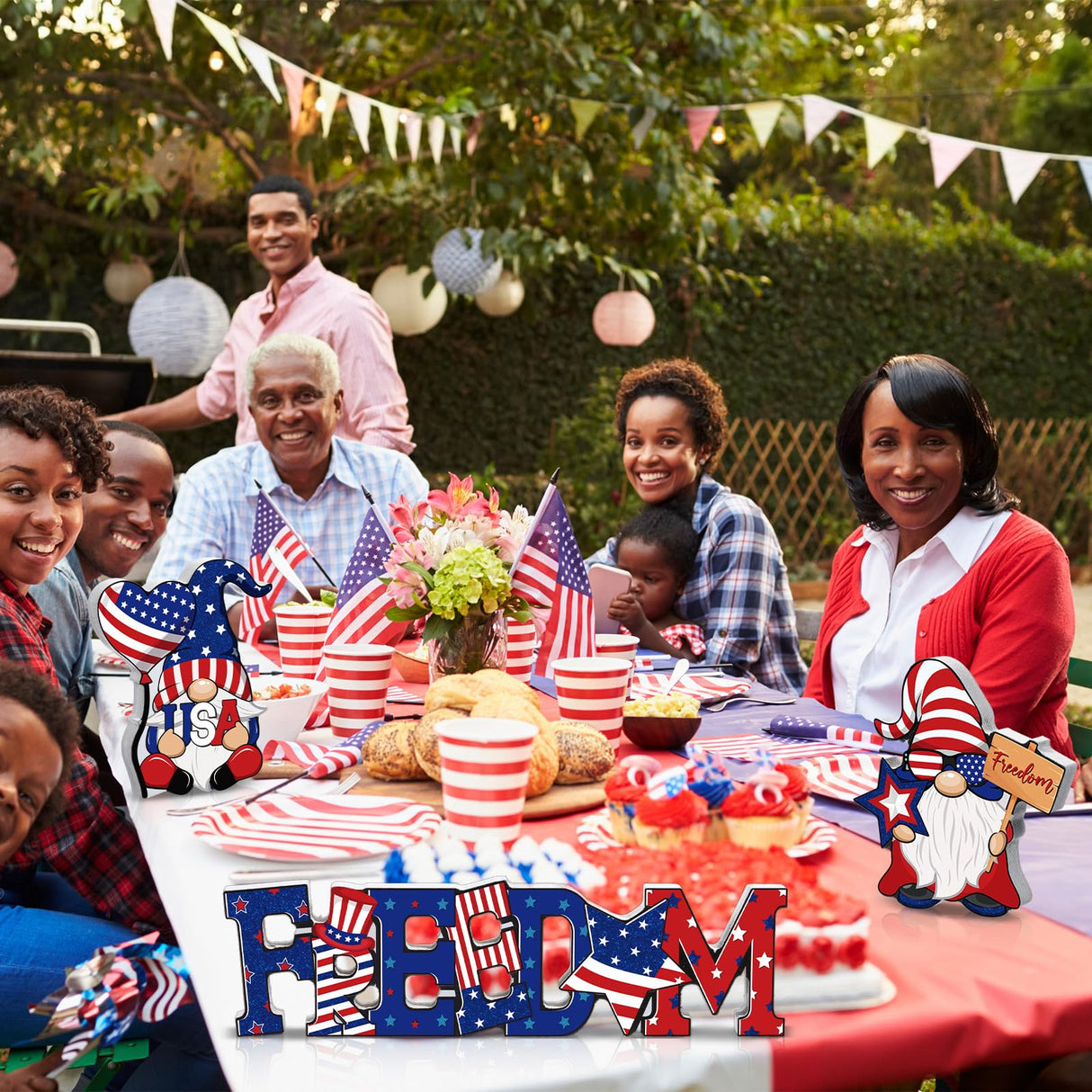 Qunclay 6 Pieces Patriotic Table Decor Memorial Day Table Decorations Wooden Gnome Freedom Truck Star 4th of July Table Signs for Veterans Day Independence Day Table Topper Decor Supplies (No Base) Qunclay