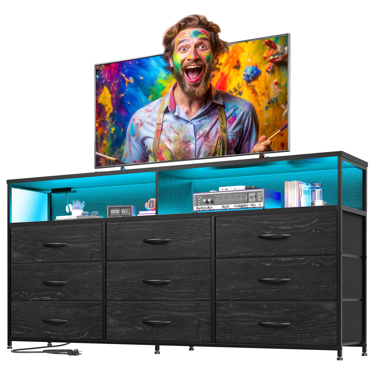 EnHomee 55" W Dresser TV Stand with Power Outlet & Lights for 65" TV, Dresser for Bedroom with 9 Fabric Drawers, TV Stand for Bedroom Dressers Console Table 55''W*11.8''*35.5'', Charcoal Black EnHomee