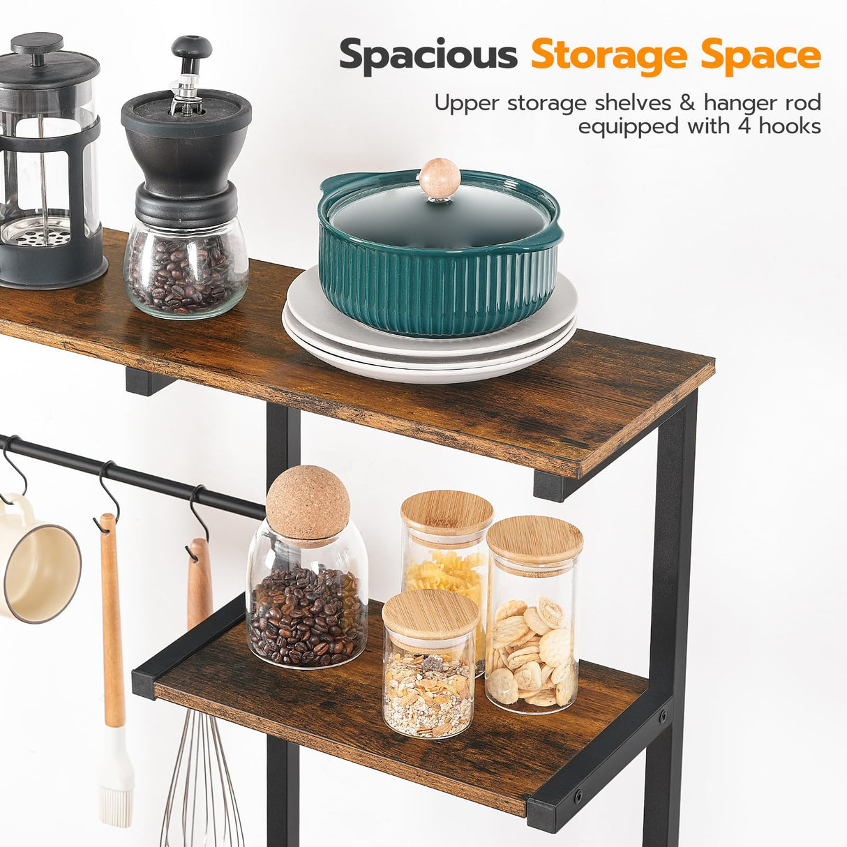 HOOBRO Bakers Rack with Power Outlet and LED Light, 6-Tier Microwave Stand with Wire Baskets, Coffee Bar Station, Kitchen Utility Storage Shelf with 4 Hooks, Rustic Brown and Black BF64UDHB01 HOOBRO