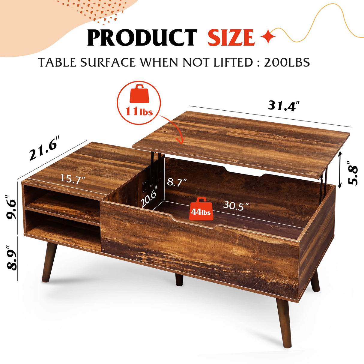 WLIVE Wood Lift Top Coffee Table with Adjustable Storage Shelf and Hidden Compartment, Lift Tabletop Dining Table for Living Room and Office, Rustic Oak WLIVE