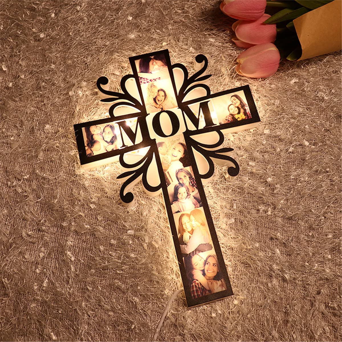 Custom Photo led Light up Cross Decoration, Personalized Acrylic Picture Night Lights Gifts for Dad Mom from Daughter Son Mother Day Father Day Mom Dad Gifts for Men Wife Husband Women CDON