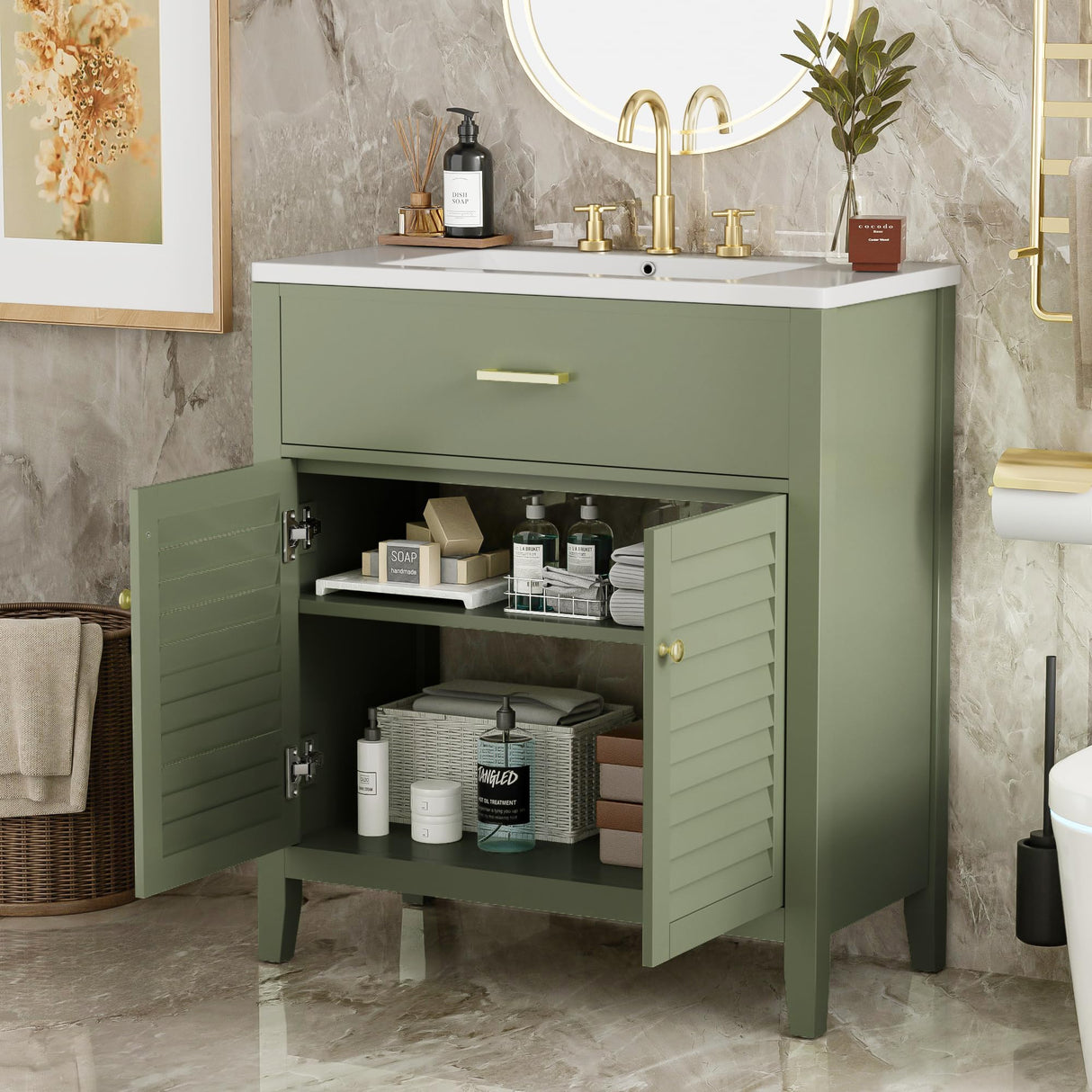 Merax 30" Bathroom Vanities with Sink Set, Modern Bathroom Integrated Sink Cabinet with Pull Down Drawer, Wood Stripes,Freestanding Bathroom Sink Cabinet (Green) Merax