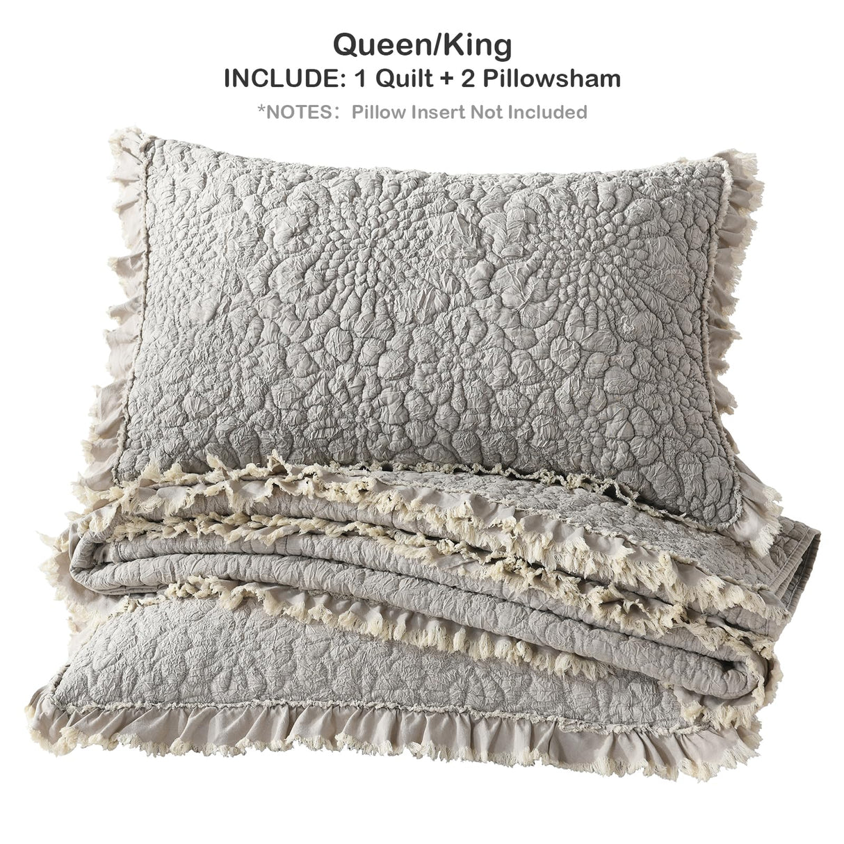 HORIMOTE HOME Beige Ruffled Quilt Queen Size, Stone-Washed Microfiber Lightweight Crinkled Farmhouse Rustic Shabby Chic Bedding Set, 3 Pieces Reversible Bedspread with Pillow Shams for All Season HORIMOTE HOME