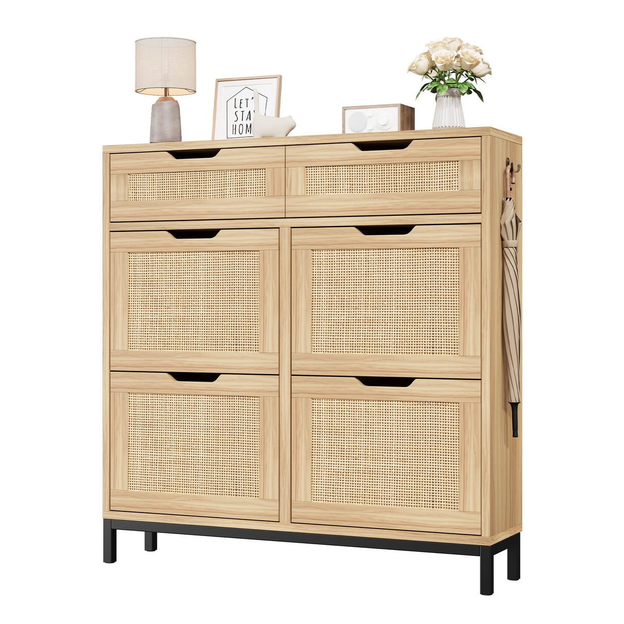 Jocoevol Rattan Shoe Cabinet Storage for Entryway - Hidden Shoes Storage with 4 Flip Drawers, Narrow Shoe Organizer Cabinet for Hallway, Foyer (Brown) Jocoevol