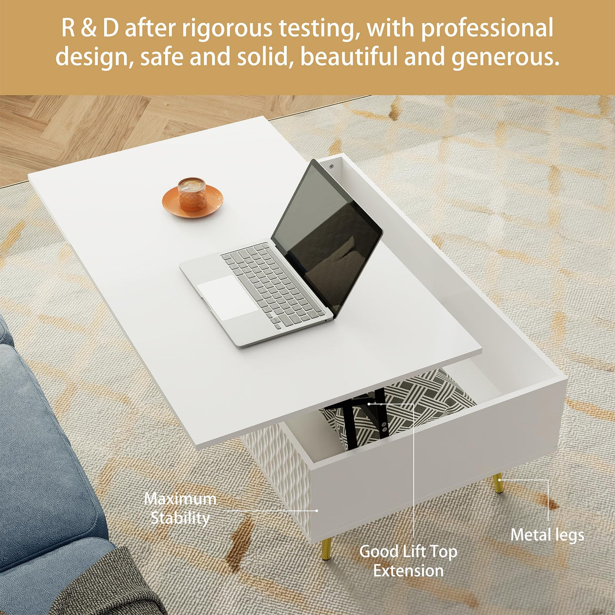 Modern Lift Top Coffee Table,39.37" White Mid Century Coffee Table with Lifting Top for Living Room, Wooden Carved Center Table with Hidden Storage Metal Legs, Fluted Panel, Adjusting to Dining Table VOXANOXI