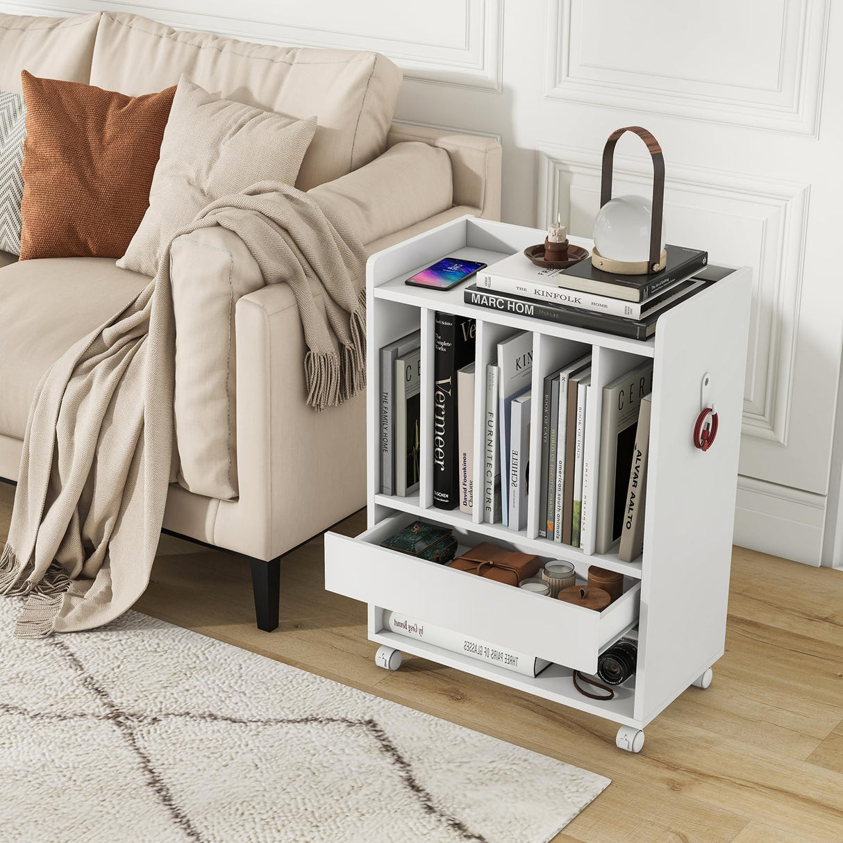 Giantex Record Player Stand, Rolling Turntable Stand with Drawer, Hook & Lockable Wheels, Vinyl Record Display Shelf Holds Up to 180 Albums, for Living Room Bedroom (White) Giantex