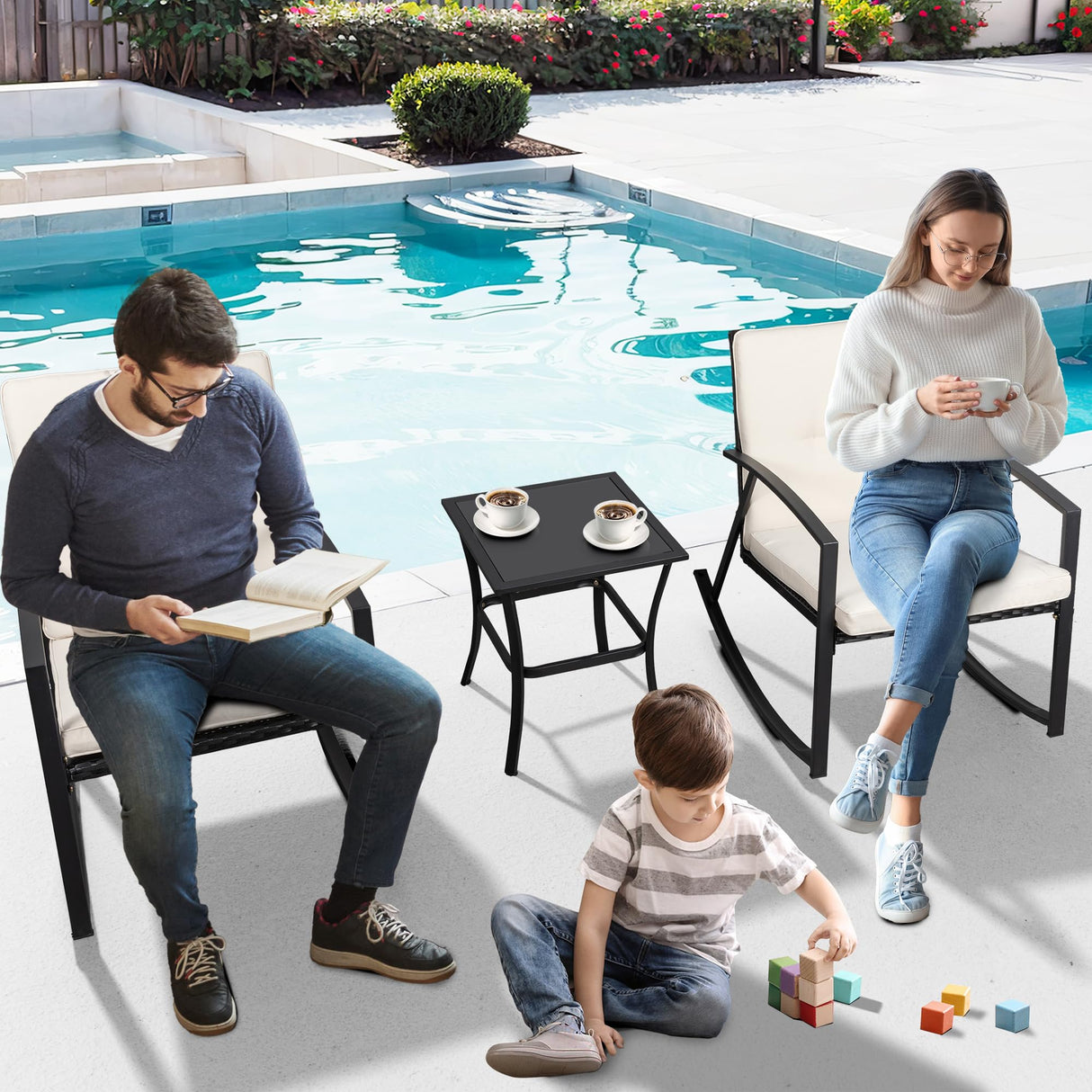 Shintenchi 3 Pieces Rocking Bistro Set Wicker Patio Outdoor Furniture, 2 Rattan Porch Chairs Conversation Sets with Glass Coffee Table (Beige) Shintenchi