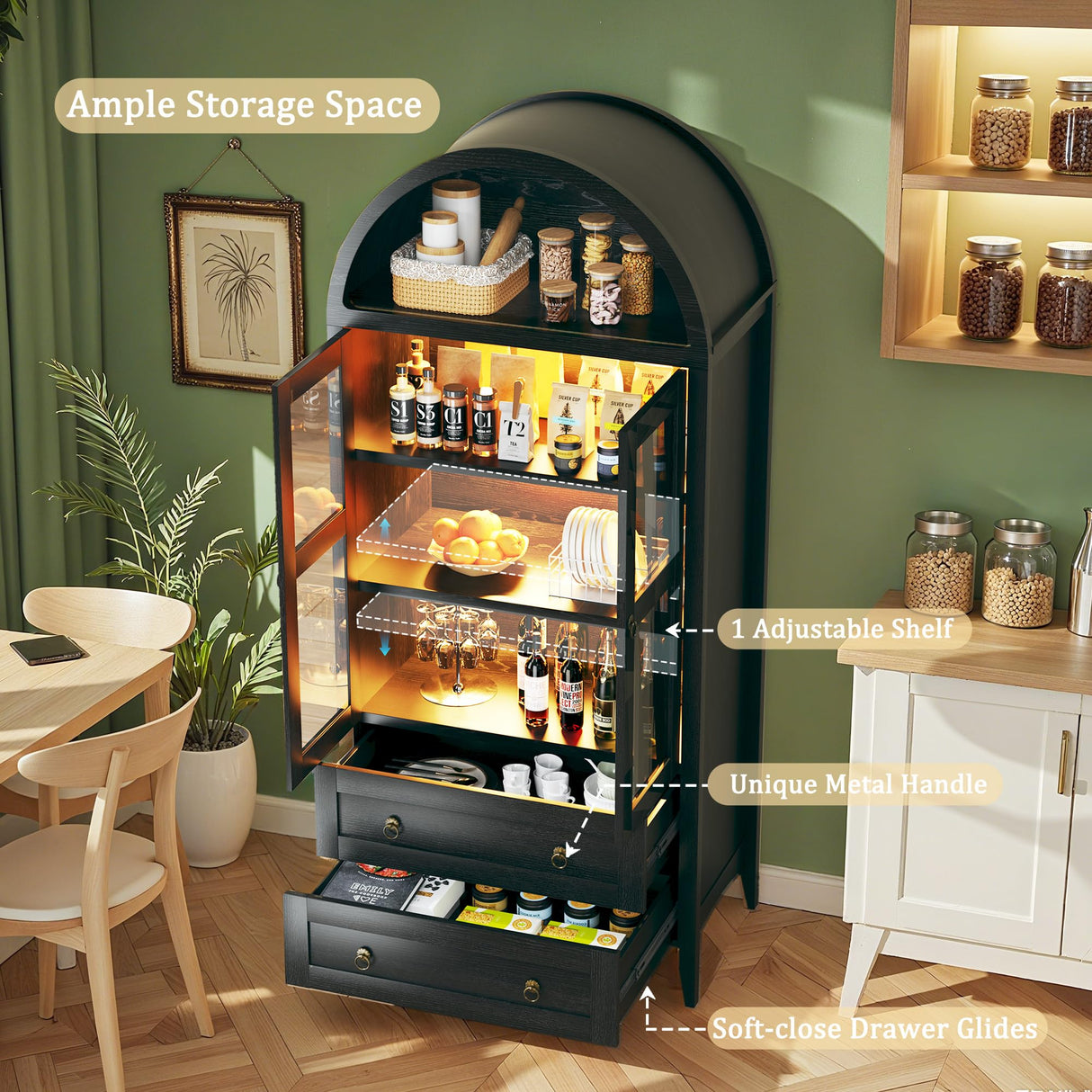 71" Tall Arched Kitchen Pantry, Pantry Cabinet with LED Lights, Kitchen Storage Cabinets with 2 Large Drawers & Adjustable Shelves & Glass Door for Living Room, Dining Room, Black LIMGLIM