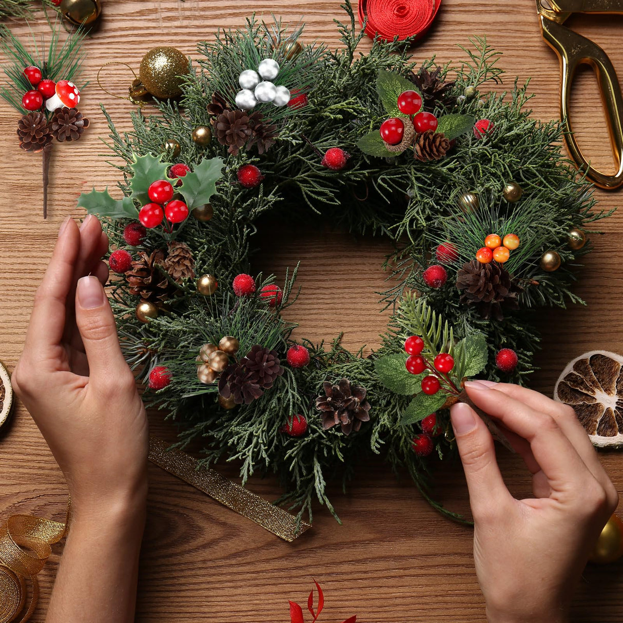 Panelee 48 Pcs Christmas Artificial Pine Picks Floral Pine Cones Sprays Wreath Christmas Decorations Berry Stem Branches with Holly Leaves for Xmas Tree Christmas Winter Holiday Panelee