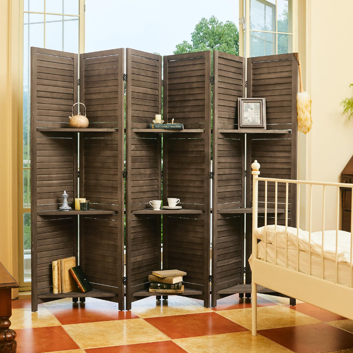 Room Divider with Shelves, 5.6 Ft Tall Folding Wood Screen with Double Hinges for Home Office Bedroom Hotel Decoration (6 Panels, Brown) Svimi