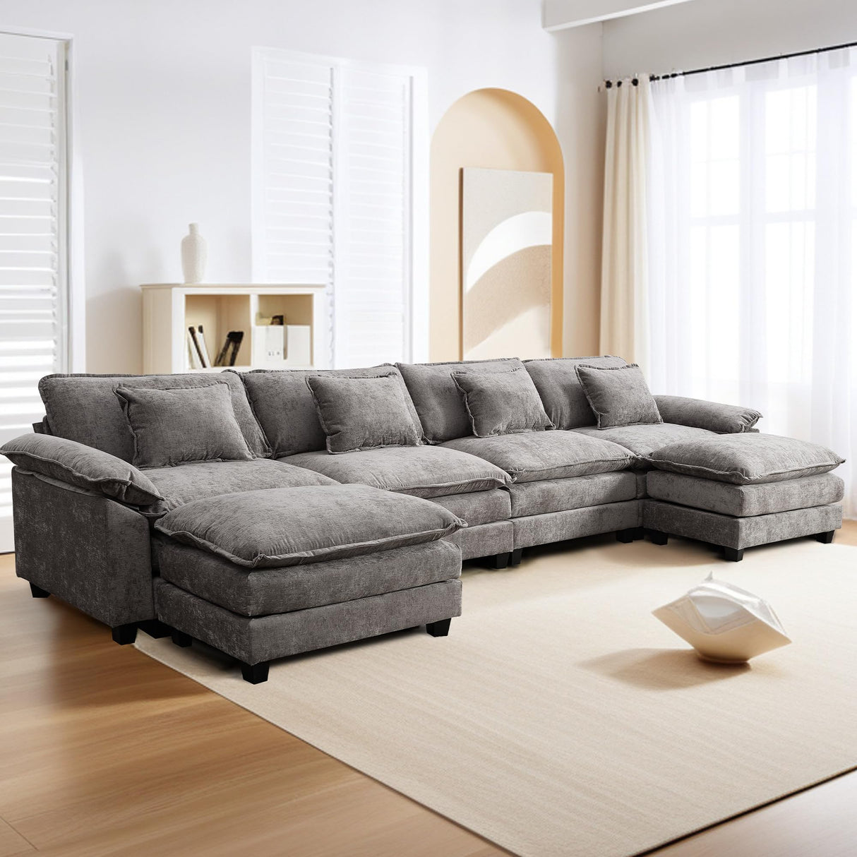 URRED Modular Sectional Sofa Comfy Cloud Couch, Modern Chenille Sofa Sleeper Deep Seat Couches with Ottoman/Pillows for Living Room (Gray, 154'' - U Shape) URRED