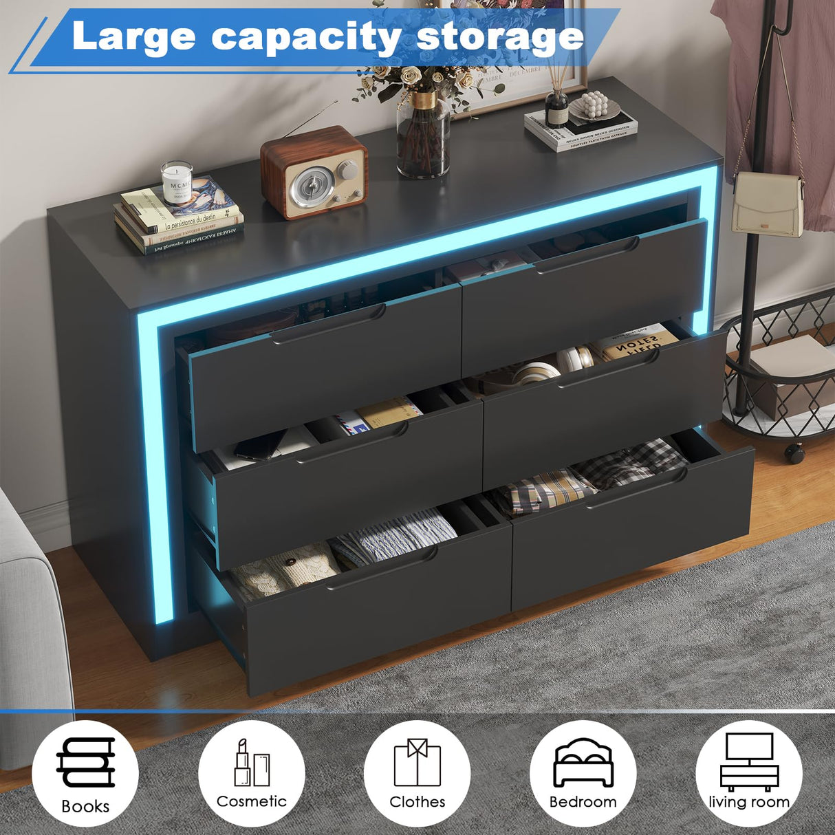 Melodyblue Dresser for Bedroom, 6 Drawer Dresser with LED Light, Black Dressers Chests of Drawers,Organizer Storage Drawers for Hallway, Entryway,Bedroom Melodyblue