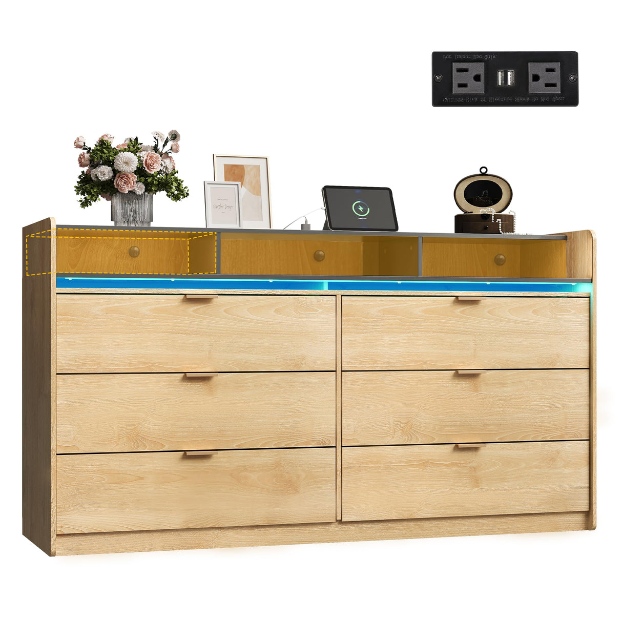 WLIVE 9 Drawer Led Dresser for Bedroom, 58.35'' Wide Wood Dresser Storage Organizer with Power Outlets for 65'' TV, Dressers with Open Shelves, Chest of Drawers for Closet, Living Room, Light Oak WLIVE