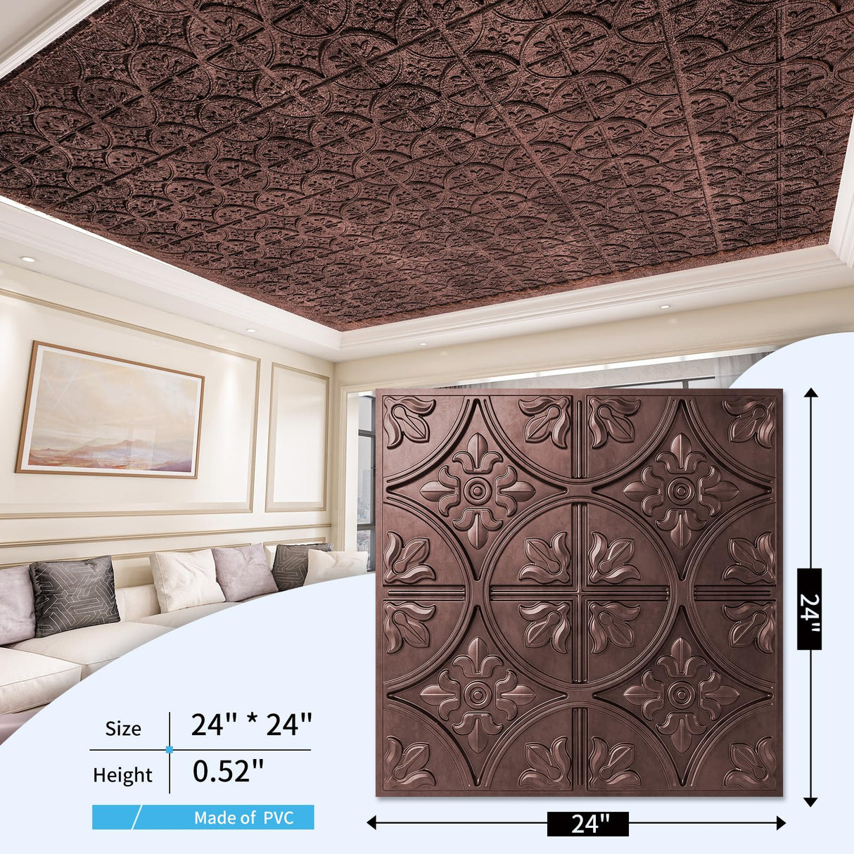 Art3d Drop Ceiling Tiles 2x2, Glue-up Ceiling Panel, Fancy Classic Style, Antique Copper Art3d