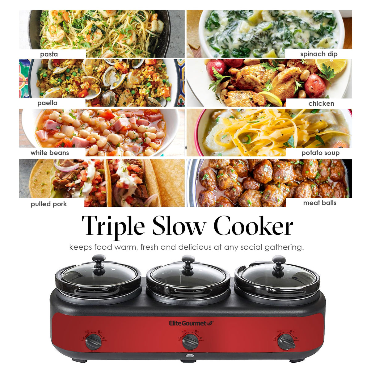 Elite Gourmet EWMST-325R Maxi-Matic Triple Slow Cooker Buffet Server Adjustable Temp Dishwasher-Safe Oval Ceramic Pots, Lid Rests, 3 x 2.5 Qt Capacity, Red Elite Gourmet