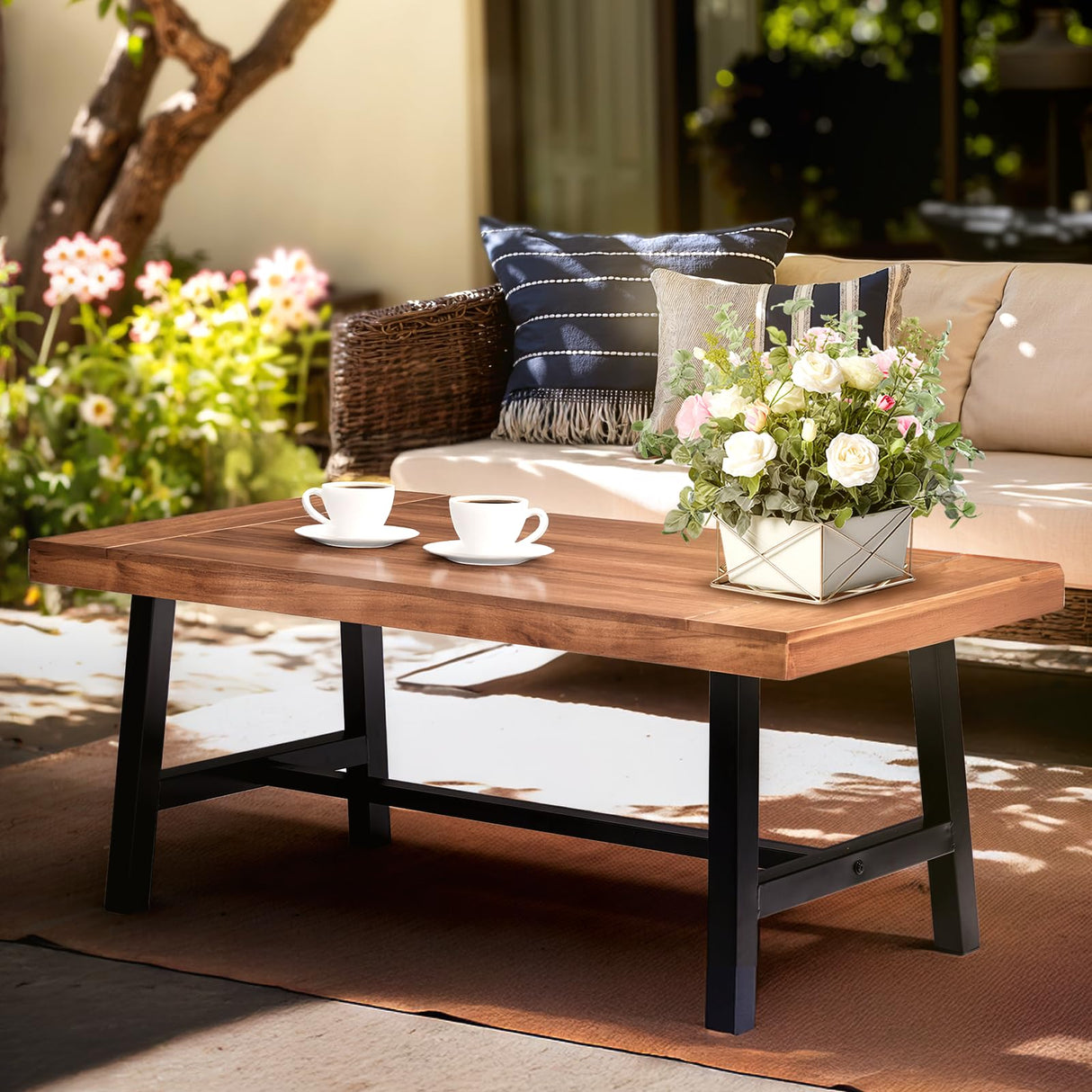 VINGLI Outdoor Wooden Coffee Table, Metal Frame Heavy Duty Patio Coffee Table for Outside, All Weather Solid Wood Low Outdoor Table for Balcony Porch and Deck, Rectangle VINGLI