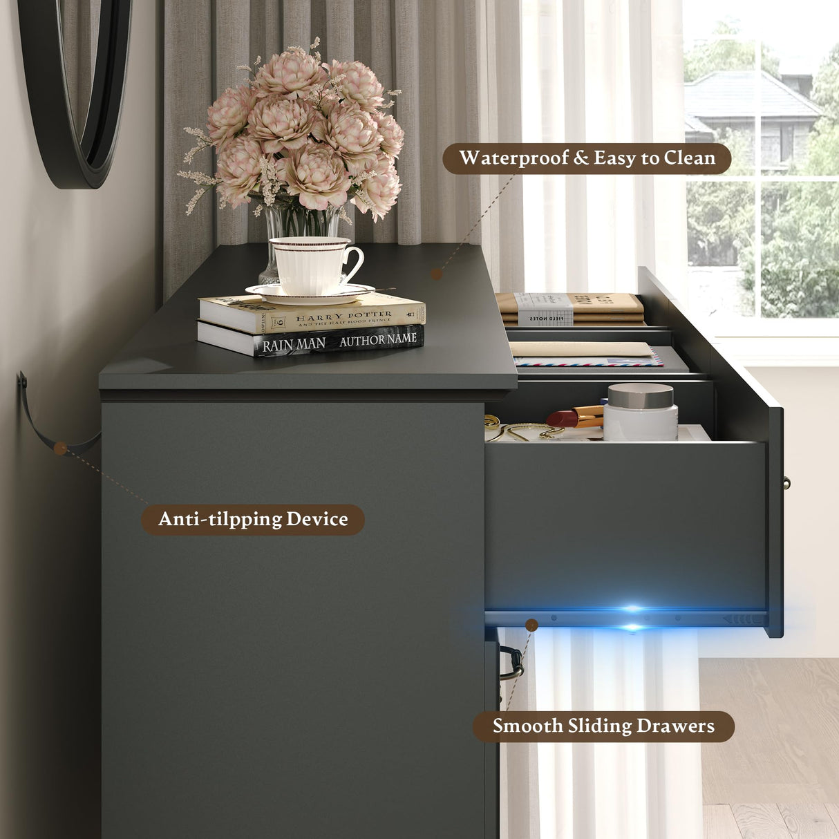 Farmhouse 7 Drawers Dresser for Bedroom, 57" Wide Modern Chest of Drawers with Deep Drawers & Bar Handles, Rustic Wood Dresser TV Stand, Wooden Closet Storage Organizer for Living Room, Hallway, Black Xixini