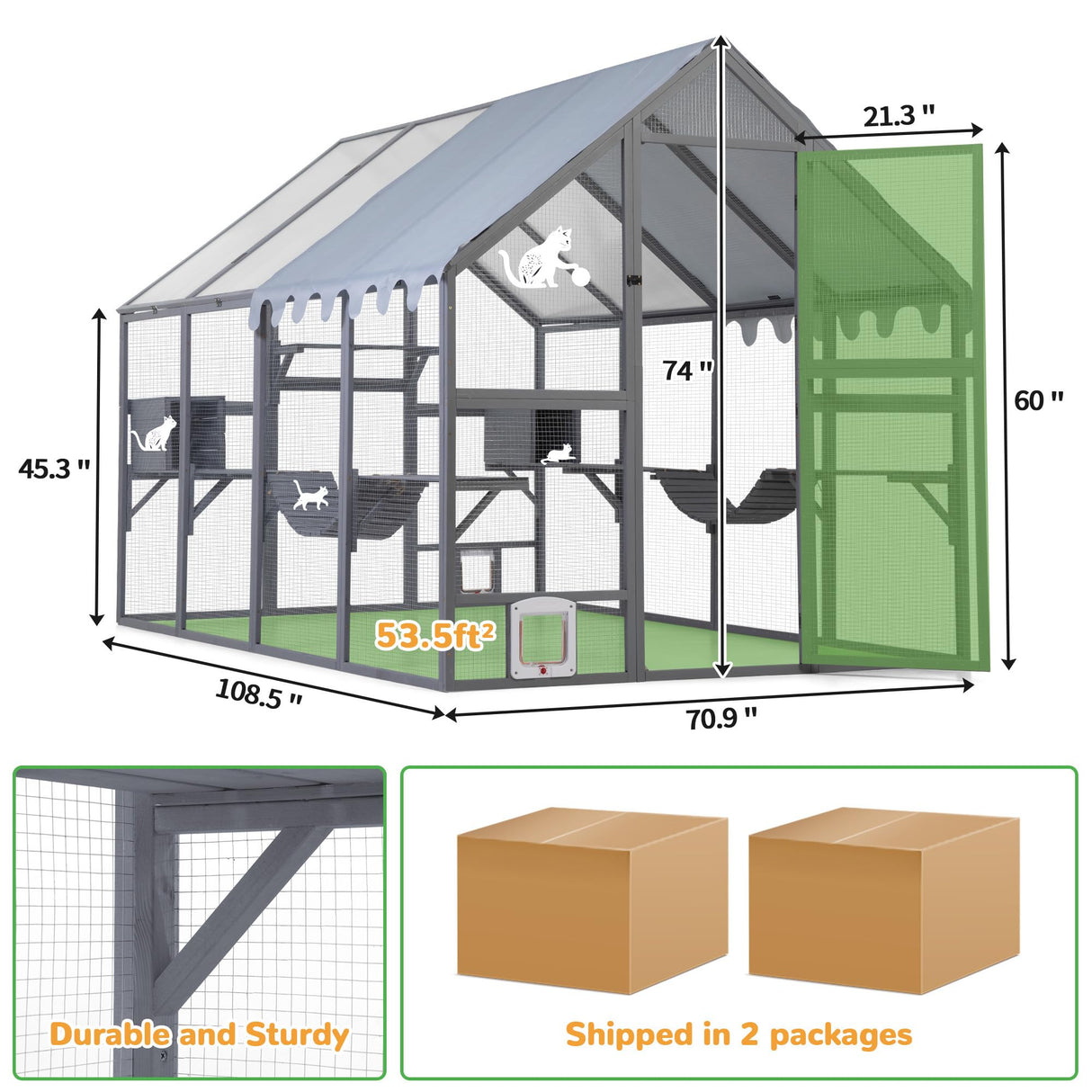 COZIWOW 110" Large Catio Outdoor Cat Enclosure, 53.5ft² Cat Run for Multiple Pets with Fully-Coverd Roof, Window Walk-in Wooden Outside Cattery Feral Kitty House (Modern Grey) COZIWOW