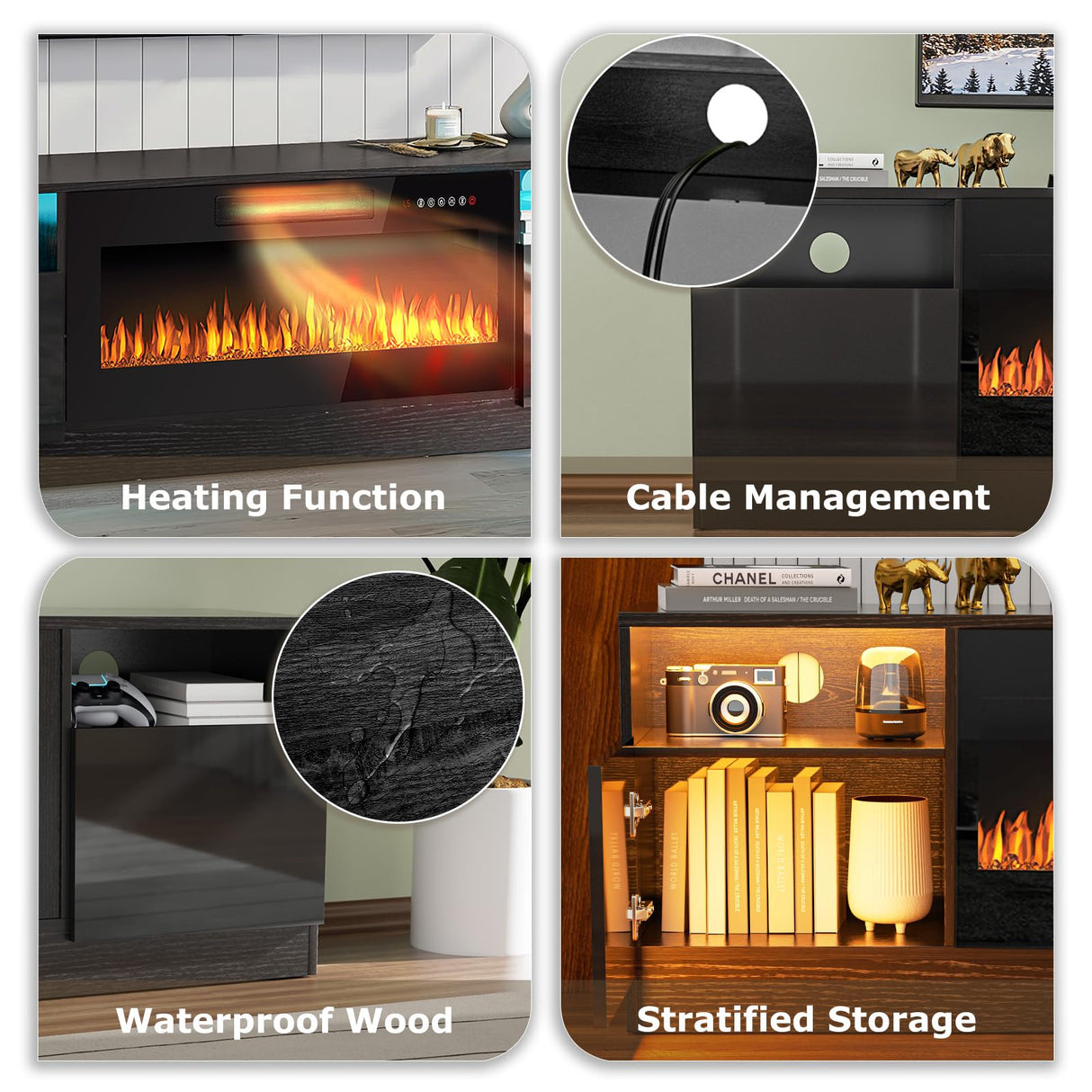 PUKAMI Fireplace TV Stand with 36" Electric Fireplace for TVs Up to 80", LED Light Entertainment Center with Highlight Storage Cabinet, 70 inch Modern Wood Media TV Console for Living Room, Black PUKAMI