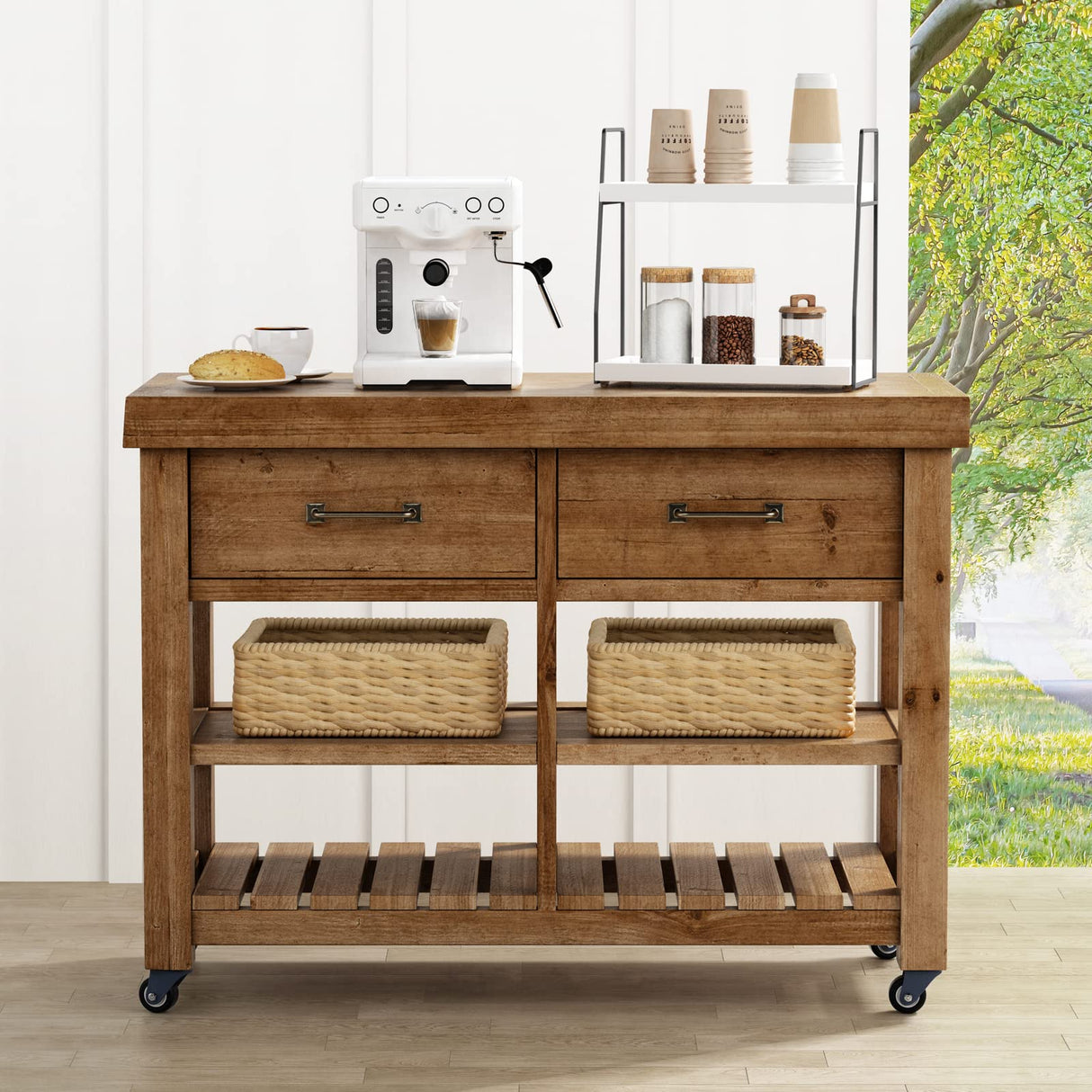 Forbena 2 Tier Bathroom Counter Organizer, White and Grey Coffee Bar Organizer for Countertop, Wood Shelf Tray for Vanity Makeup Storage, Small Kitchen Sink Top Organizers for Coffee Bar Station Forbena
