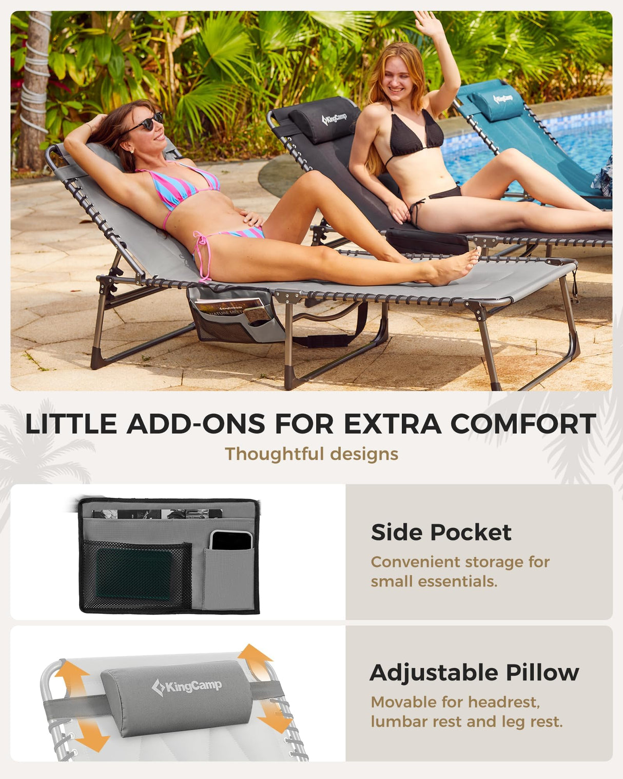 KingCamp Oversized Tanning Chair, Extra-Wide Padded Folding Chase Lounge Chairs Portable Adjustable 5-Position 400lbs Heavy Duty Lounger with Double-Layer Oxford for Outdoor Beach Patio Sun Pool KingCamp