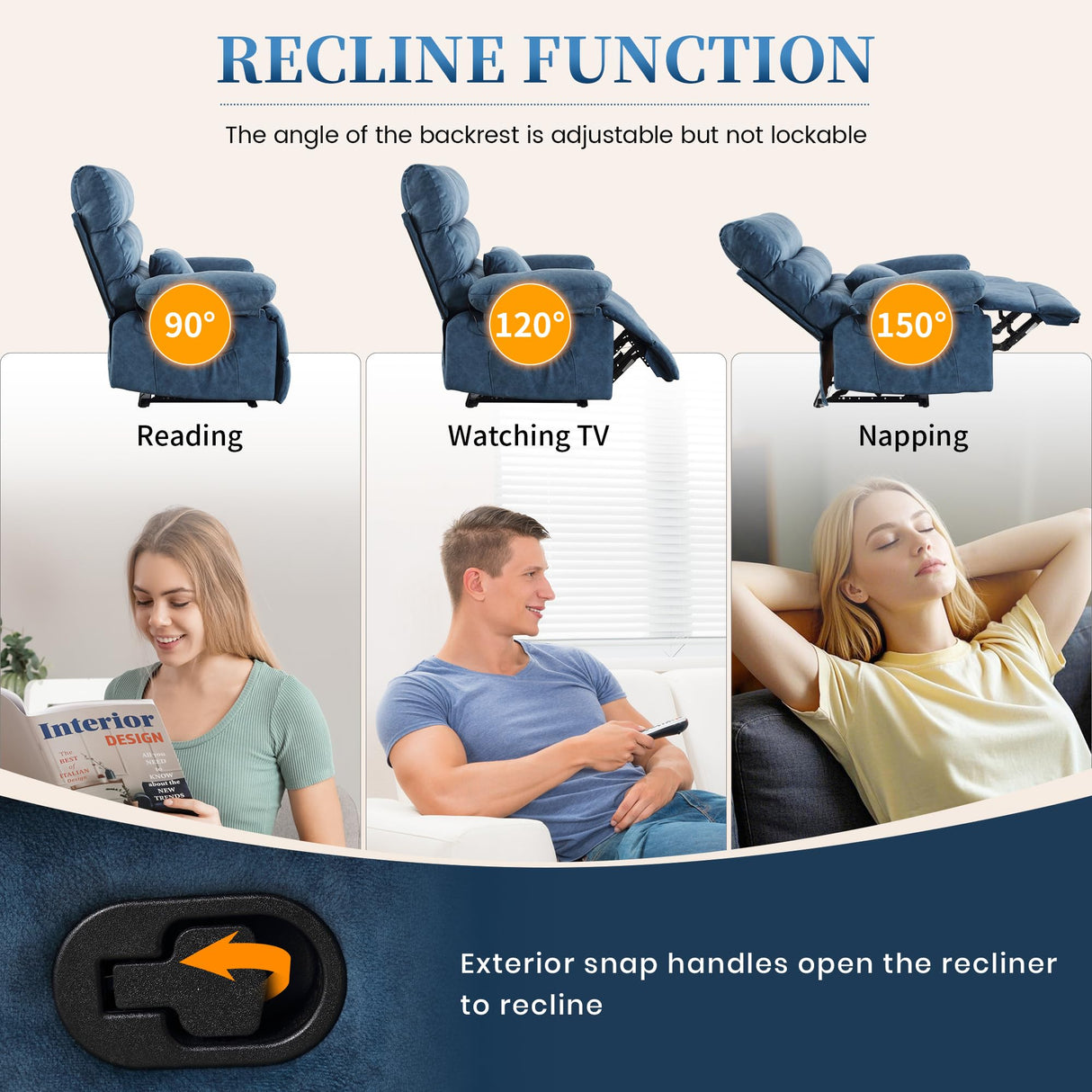 YI DANICA Extra Wide Oversized Recliner Chair – Zero Gravity Recliner Chair 350lbs Capacity with Liftable Footrest, Lumbar Pillow | Tool-Free Assembly for Living Room (Blue, Manual) YI DANICA