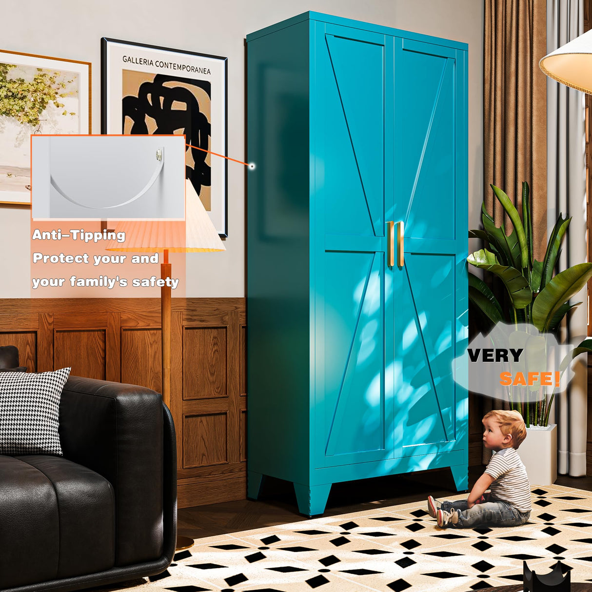 Boegica 71" Tall Metal Farmhouse Kitchen Pantry,Barn Doors Pantry Cabinet with Adjustable Shelves,Farmhouse Storage Cabinet,Modern Cupboard for Kitchen,Dining Room,Living Room,Bathroom,Blue Boegica