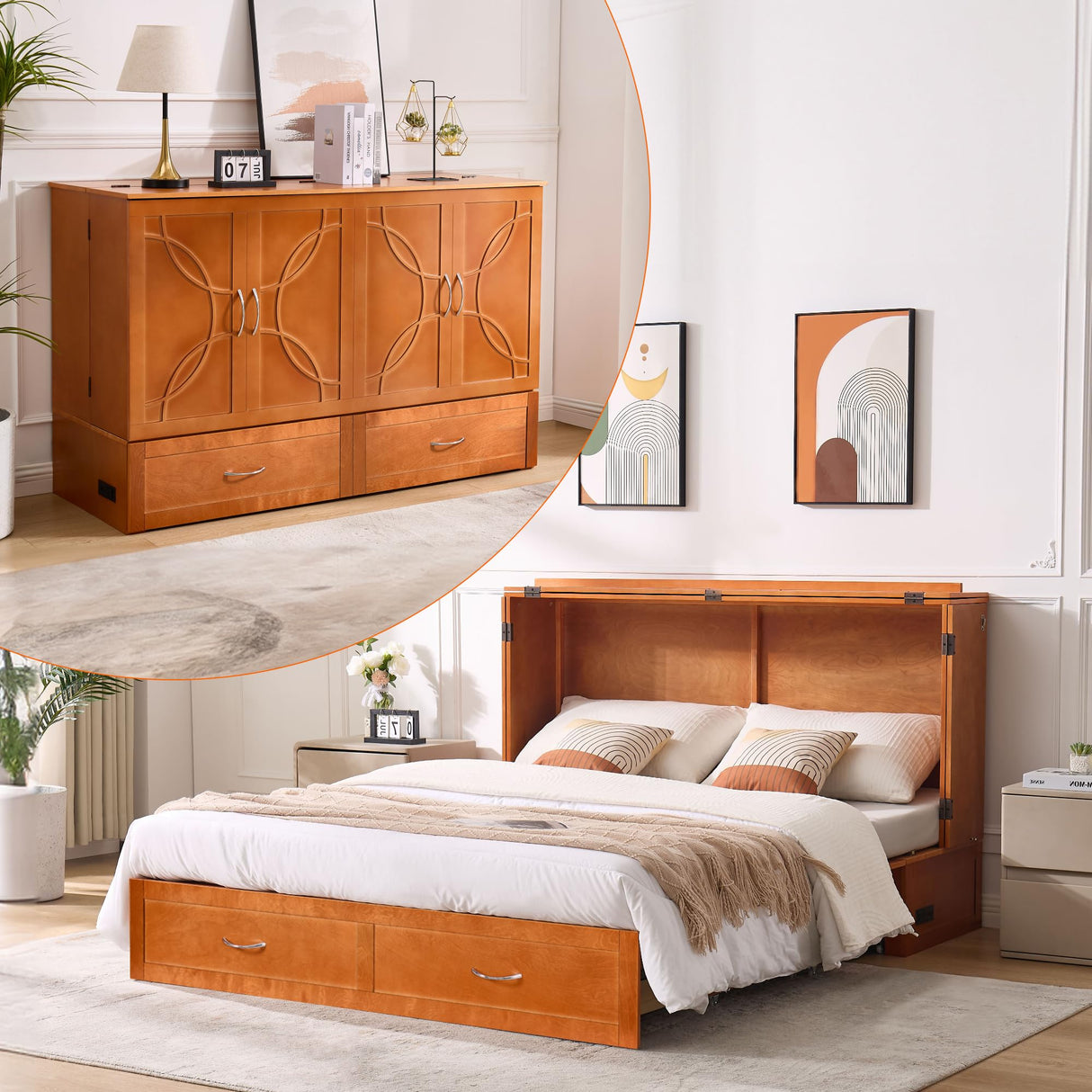 Murphy Bed with Mattress Included, Queen Murphy Cabinet Bed with Storage Drawers and Charging Station, Space-Saving Cabinet beds for Guest Room, Living Room, Poplar Wood BOVONO
