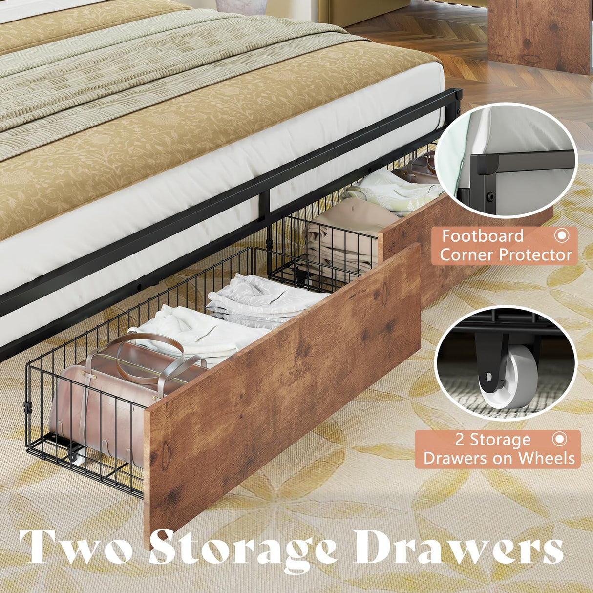 AMERLIFE Rustic Brown LED Platform Bed Frame with Storage Drawers & Charging Station Headboard AMERLIFE