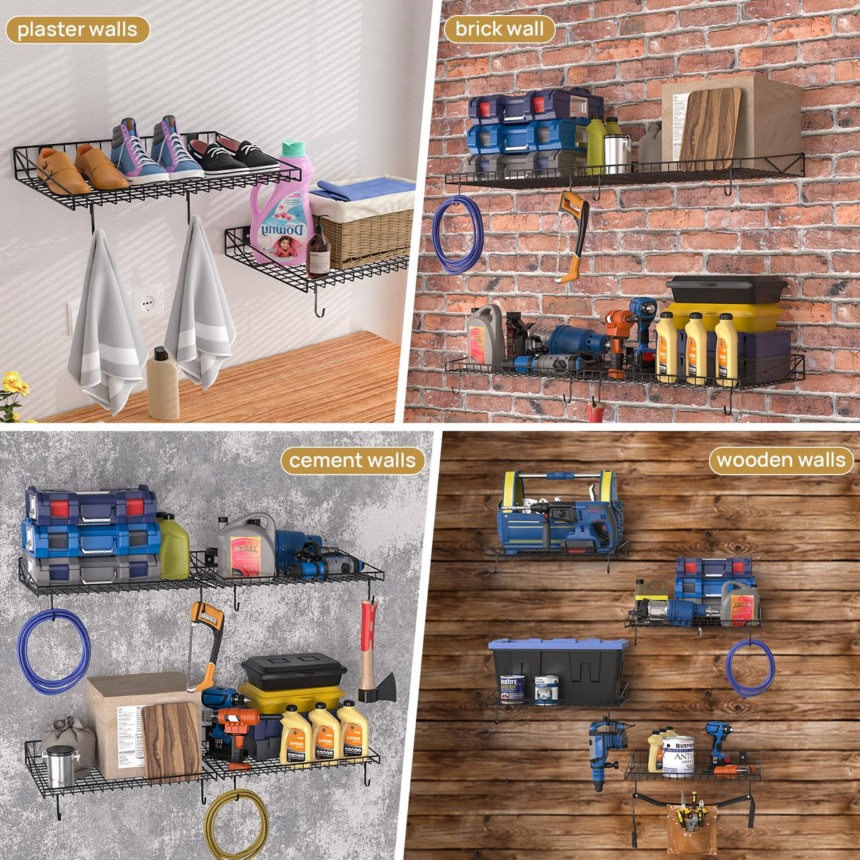 4 Pack Garage Wall Shelf, Garage Wall Mounted Shelving, Heavy Duty Floating Shelves With 8 Hooks, Loads 180 LBS Black Wall Shelves Mesh Storage Rack for Office, Basement, Wall Cabinet and Kitchen Riciakik