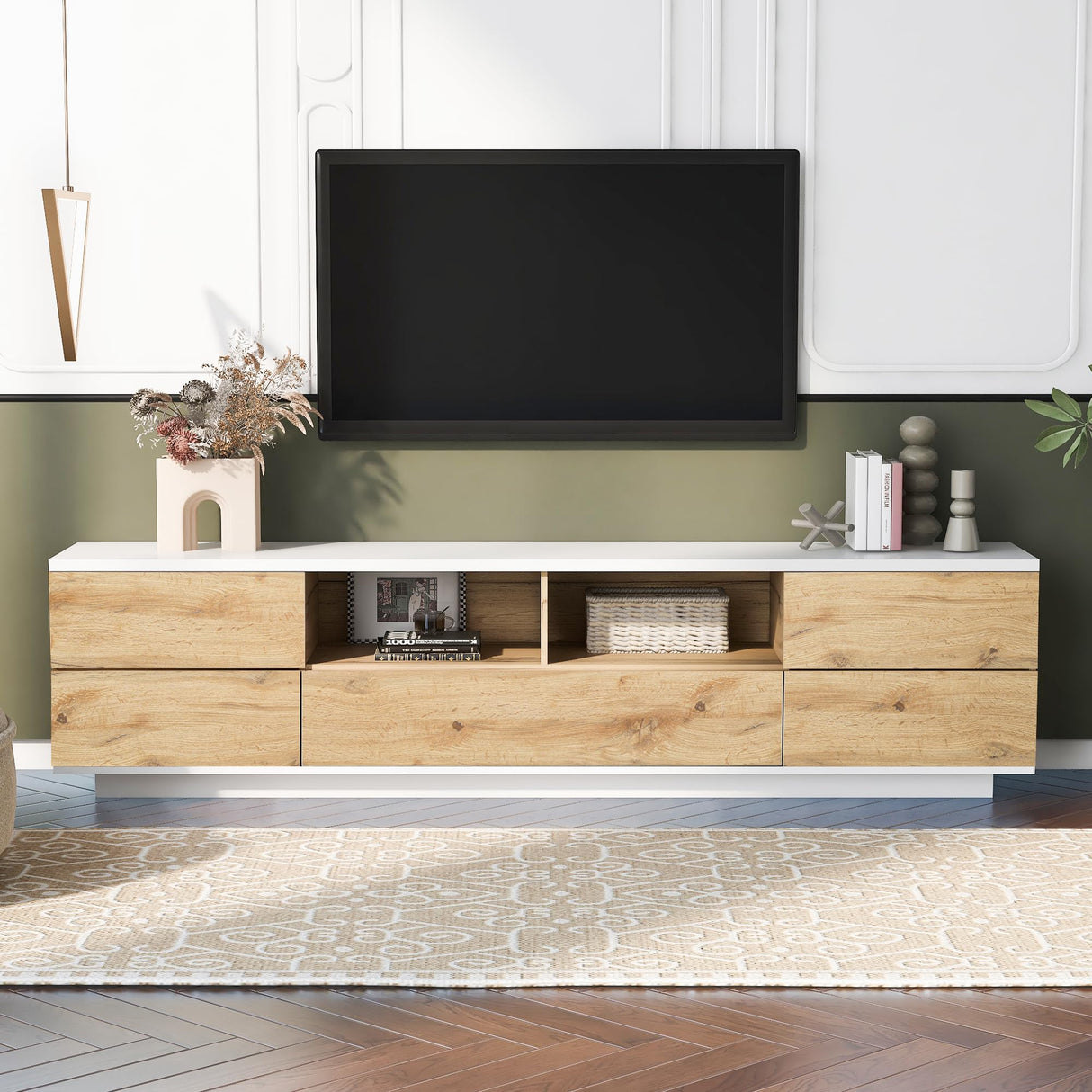 Merax Wood TV Stand Entertainment Center with Storage Cabinets & Open Shelves, Modern TV Console Table for TVs Up to 80” for Living Room Bedroom (Natural) Merax