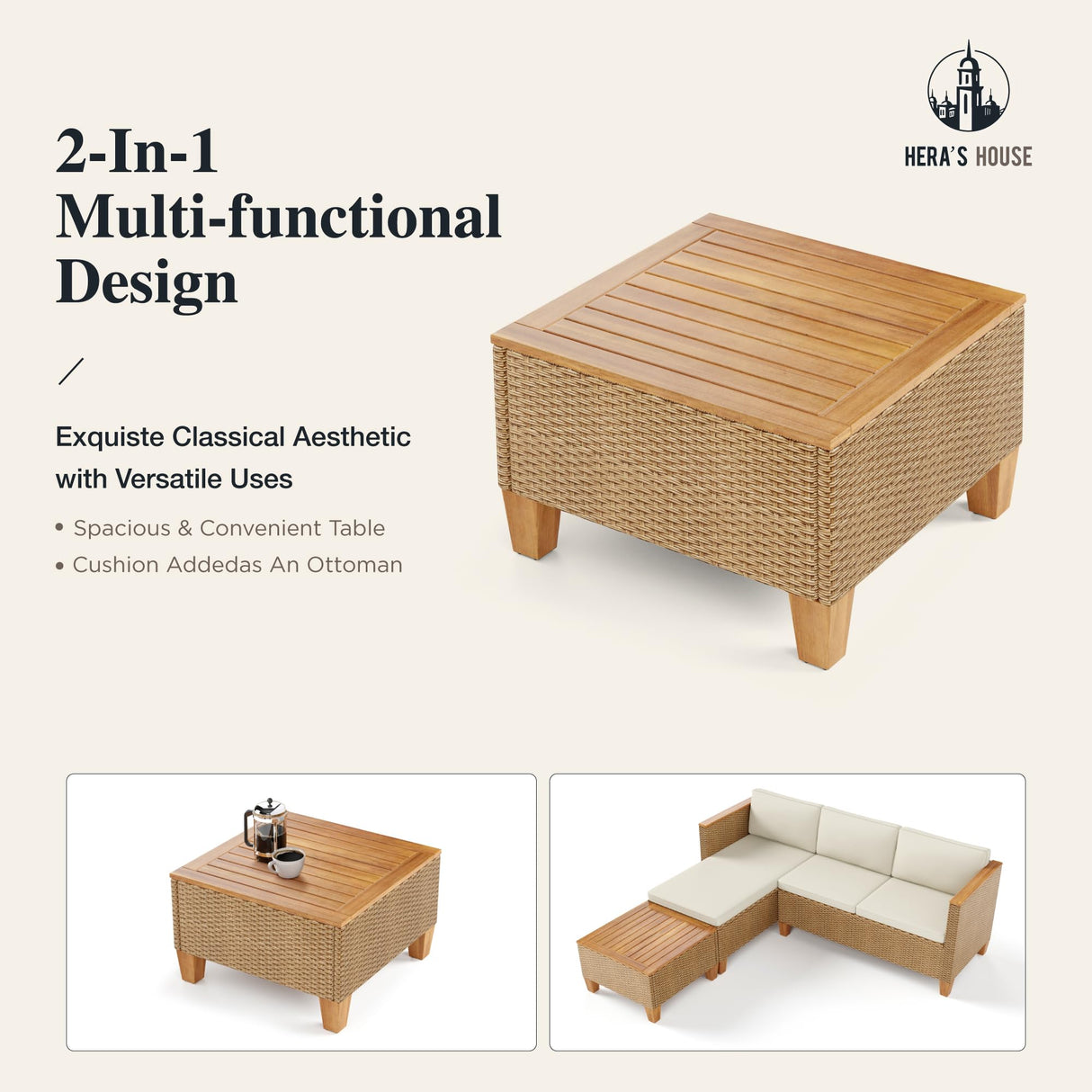 HERA'S HOUSE Small Patio Furniture Set, All Weather 3 Pieces Wicker Outdoor Sectional Set,Yellow Rattan Conversation Set with Lounge Sofa and Coffee Table for Lawn, Garden HERA'S HOUSE