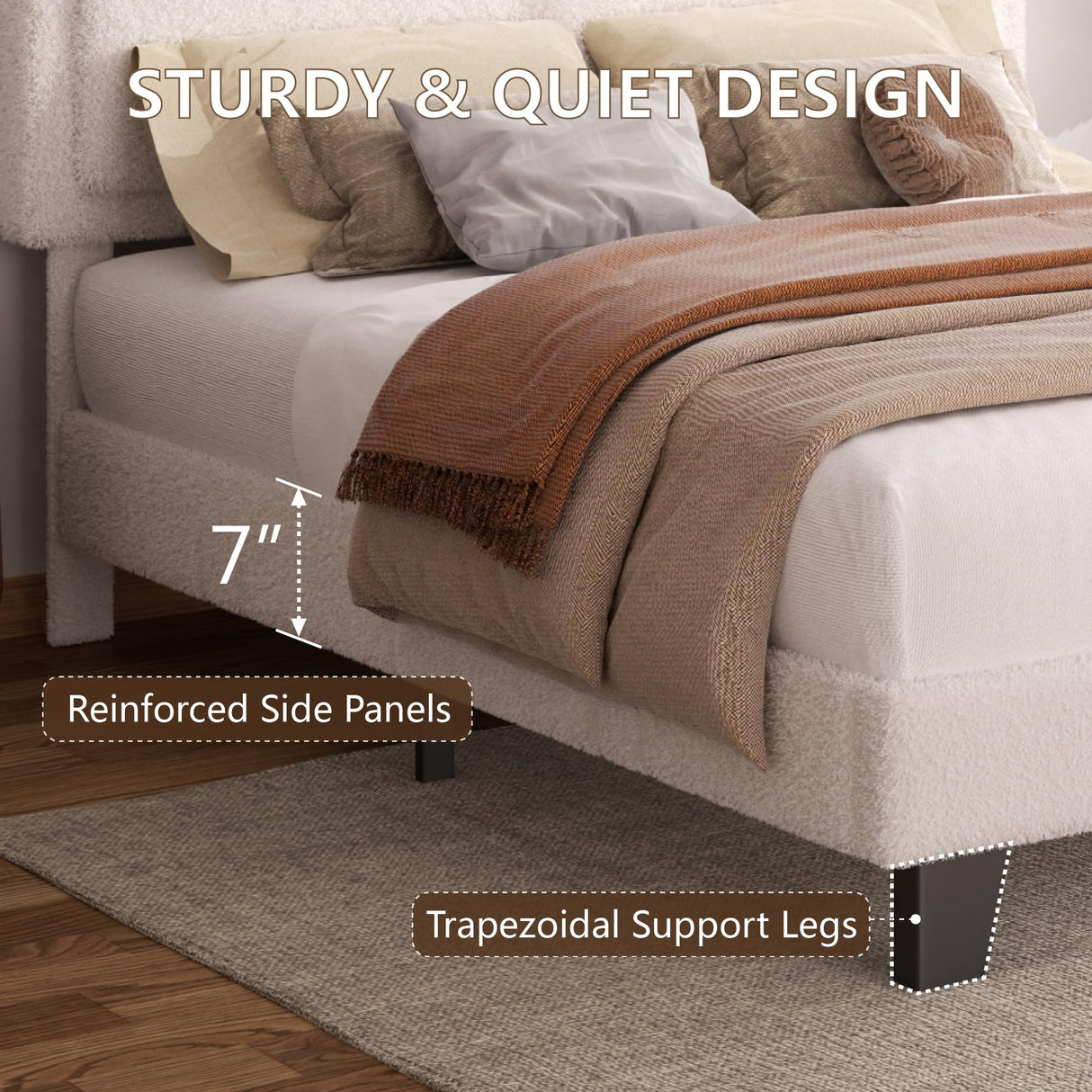 viplov King Size Bed Frame and Headboard, Upholstered Platform Bed with Adjustable Headboard, Soft Boucle Fabric, Modern Style, No Box Spring Required, Easy Assembly, Off-White viplov