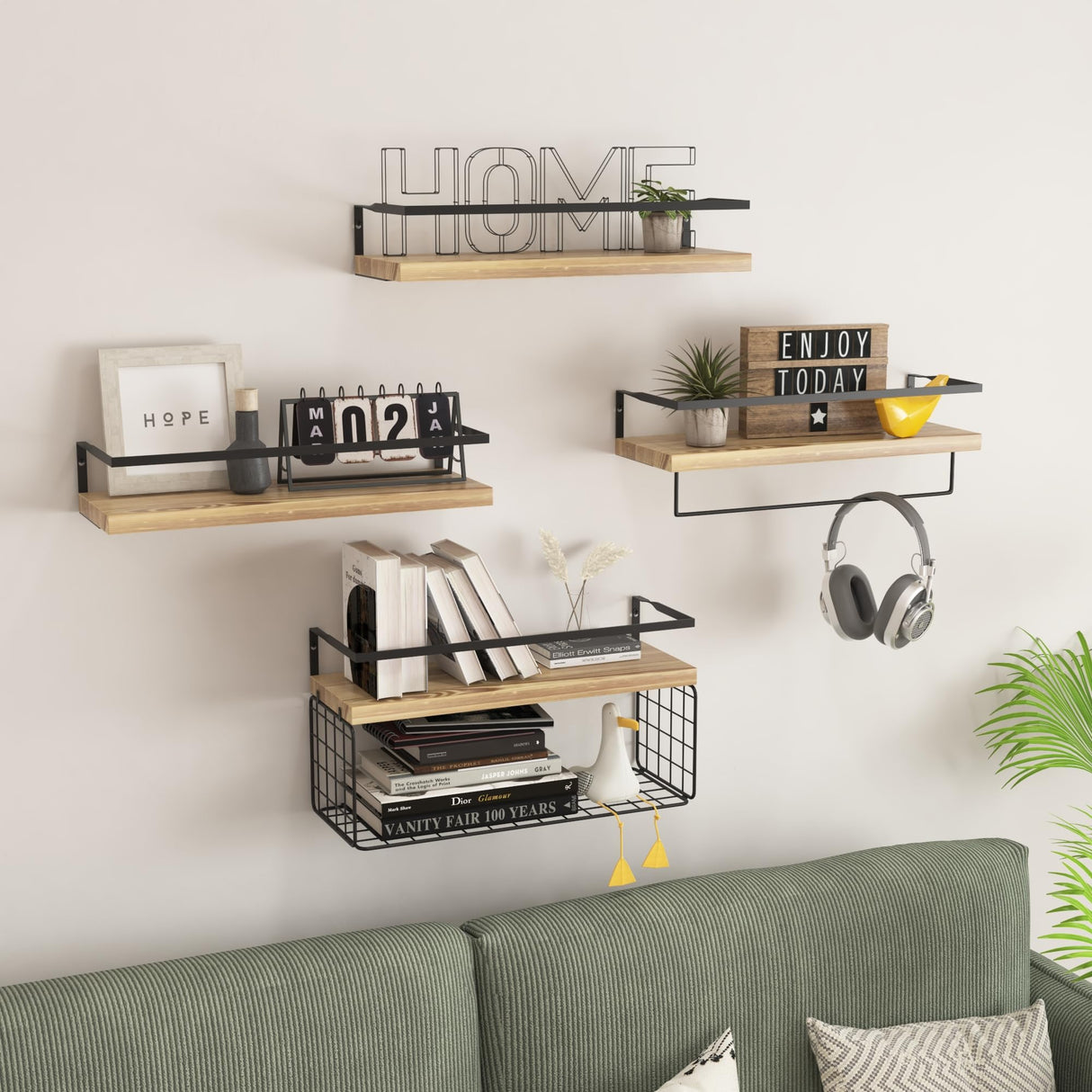 LUDORU Wood Floating Shelves Wall Mounted - 4+1 Tier Rustic Bathroom Wall Shelves Over Toilet with Wire Storage Basket and Towel Bar, Set of 4 Farmhouse Floating Shelf for Bathroom, Kitchen, Bedroom. LUDORU