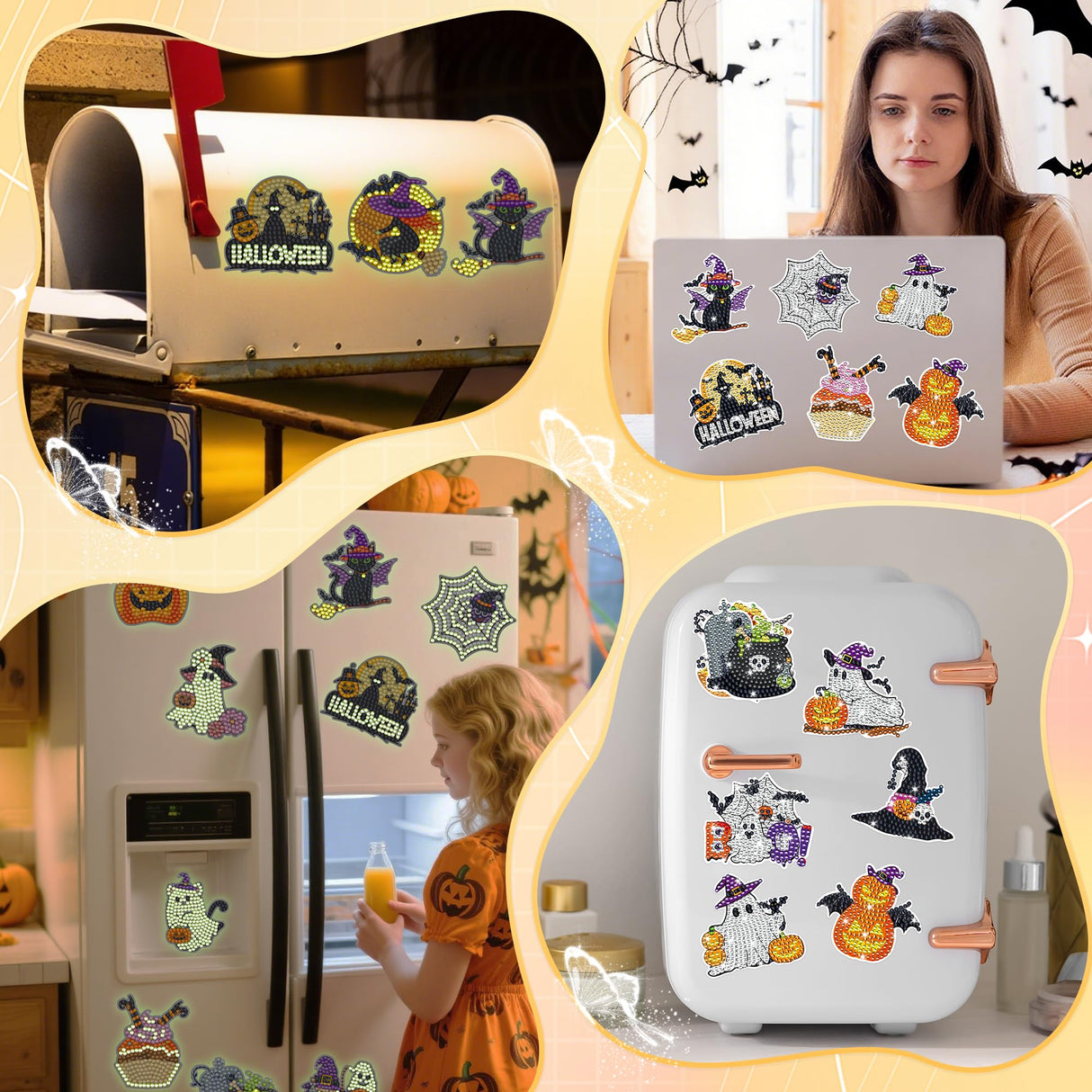 16 Pcs Luminous Halloween Diamond Art Magnets Kit, Glow in The Dark Diamond Painting Magnet Set for Adults Kids Beginners, Halloween Cute Ghost DIY Craft Fridge Magntic Stickers Home Decor Gifts CRASHOT