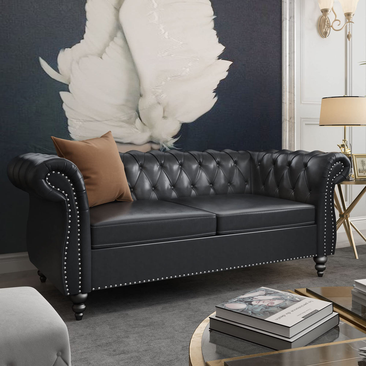Chesterfield Loveseat, Modern Leather Sofa Tufted Couch 2 Seater with Rolled Arms and Nailhead for Living Room, Bedroom, Office, Apartment (Black) ORRD