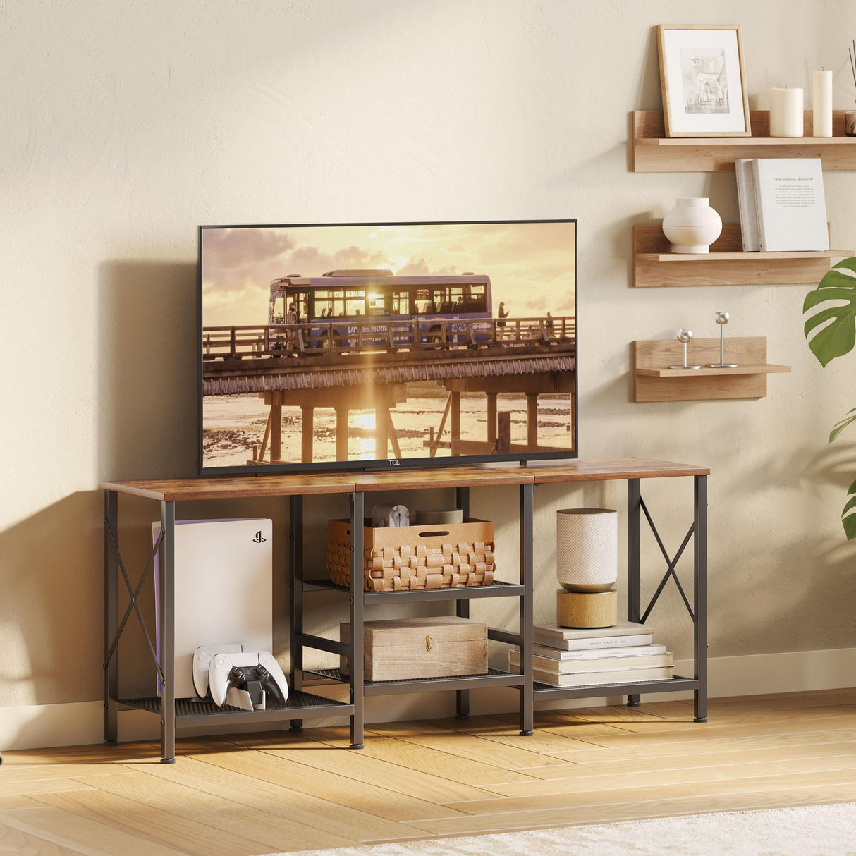 JARHETUN TV Stand for 55 Inch TV, Entertainment Center with 3-Tier Open Shelves, TV Console Table for Living Room, Bedroom, Rustic Brown JARHETUN