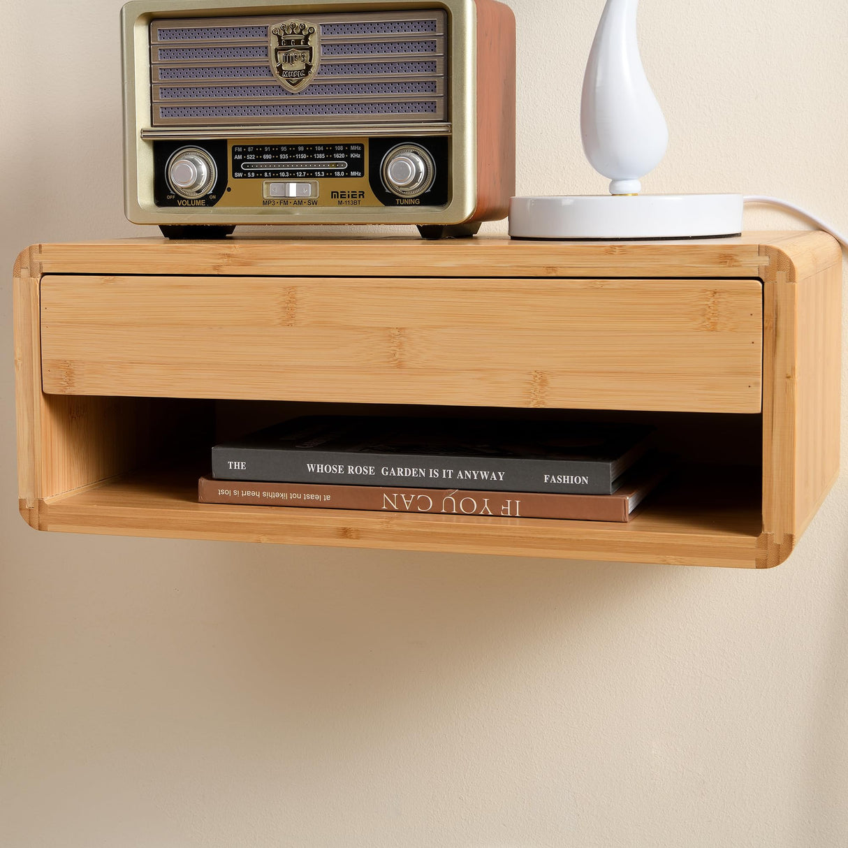 GugiNest Bamboo Floating Nightstand with Storage Drawer, Fully Assembled Wall Mounted Bedside Table with Open Shelf, Modern End Table for Bedroom, Natural GugiNest