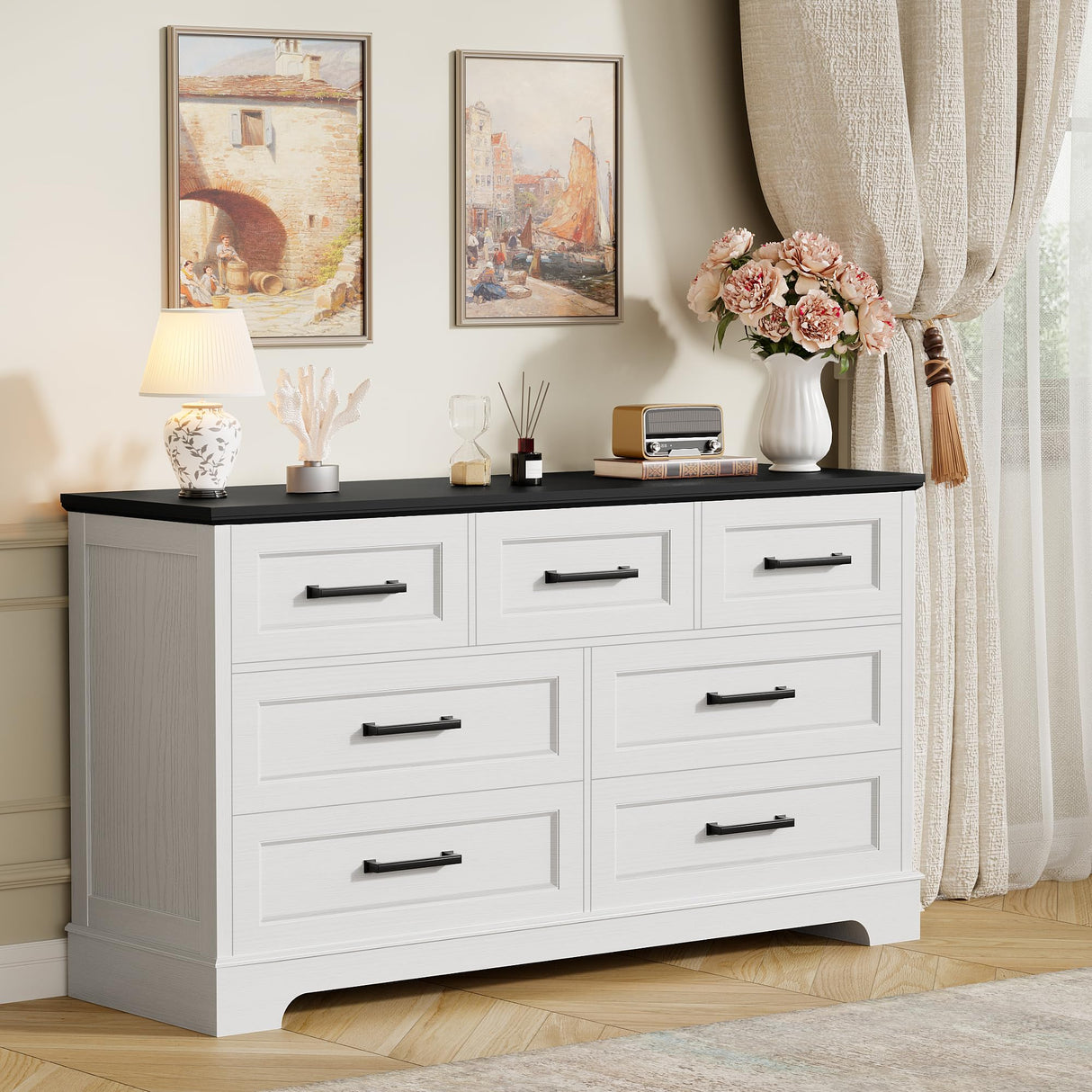 Furmax Farmhouse Dresser for Bedroom, 7 Drawers Dresser, Wood Chest of Drawers, 52" Wide Storage Dressers Organizer for Bedroom, Living Room, White and Black Furmax