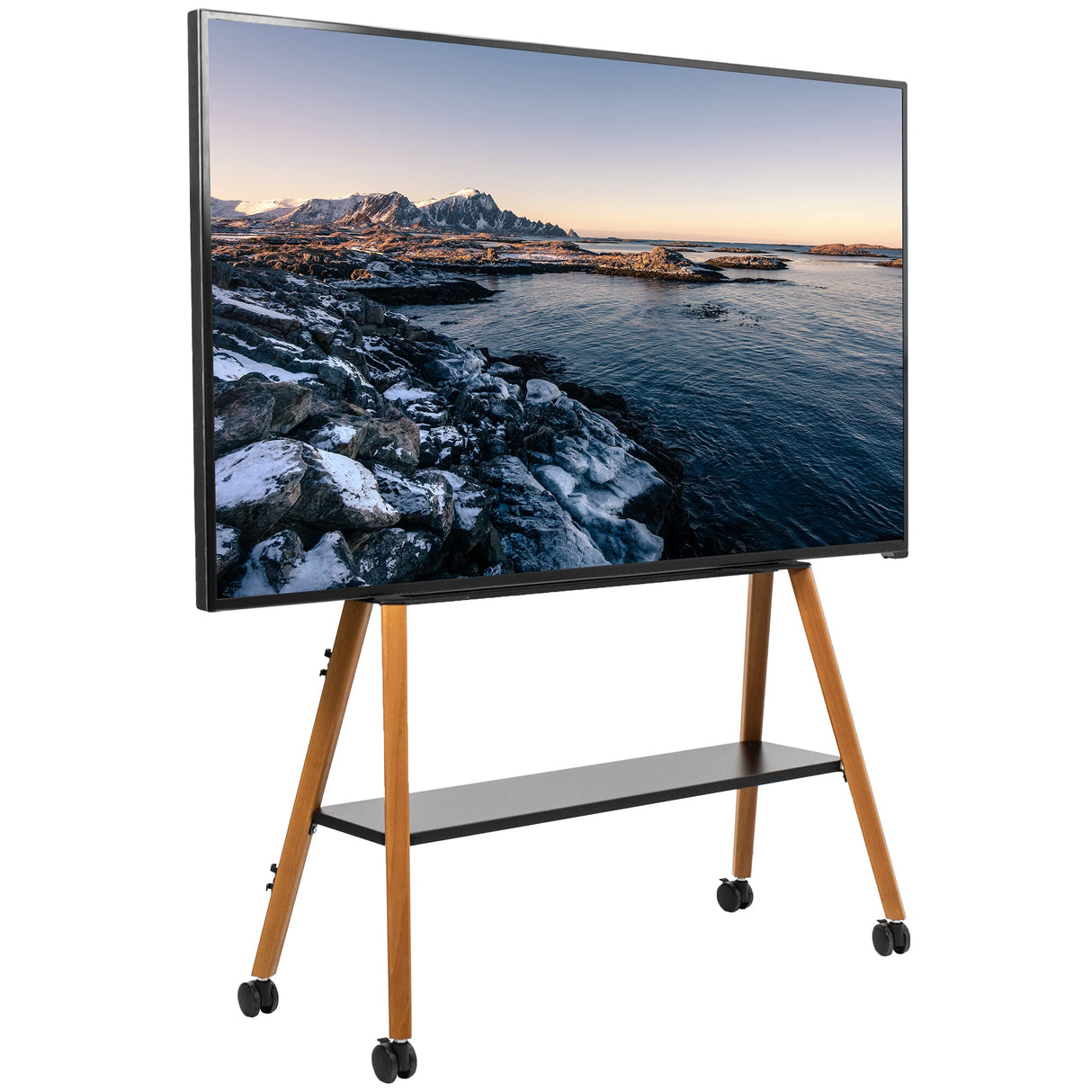 VIVO Rolling Artistic Easel 49 to 75 inch LED LCD Screen Mobile Studio TV Display Stand, Wood Accessory Shelf, Adjustable TV Mount with 4 Walnut Legs, Black Frame, STAND-TV75R VIVO
