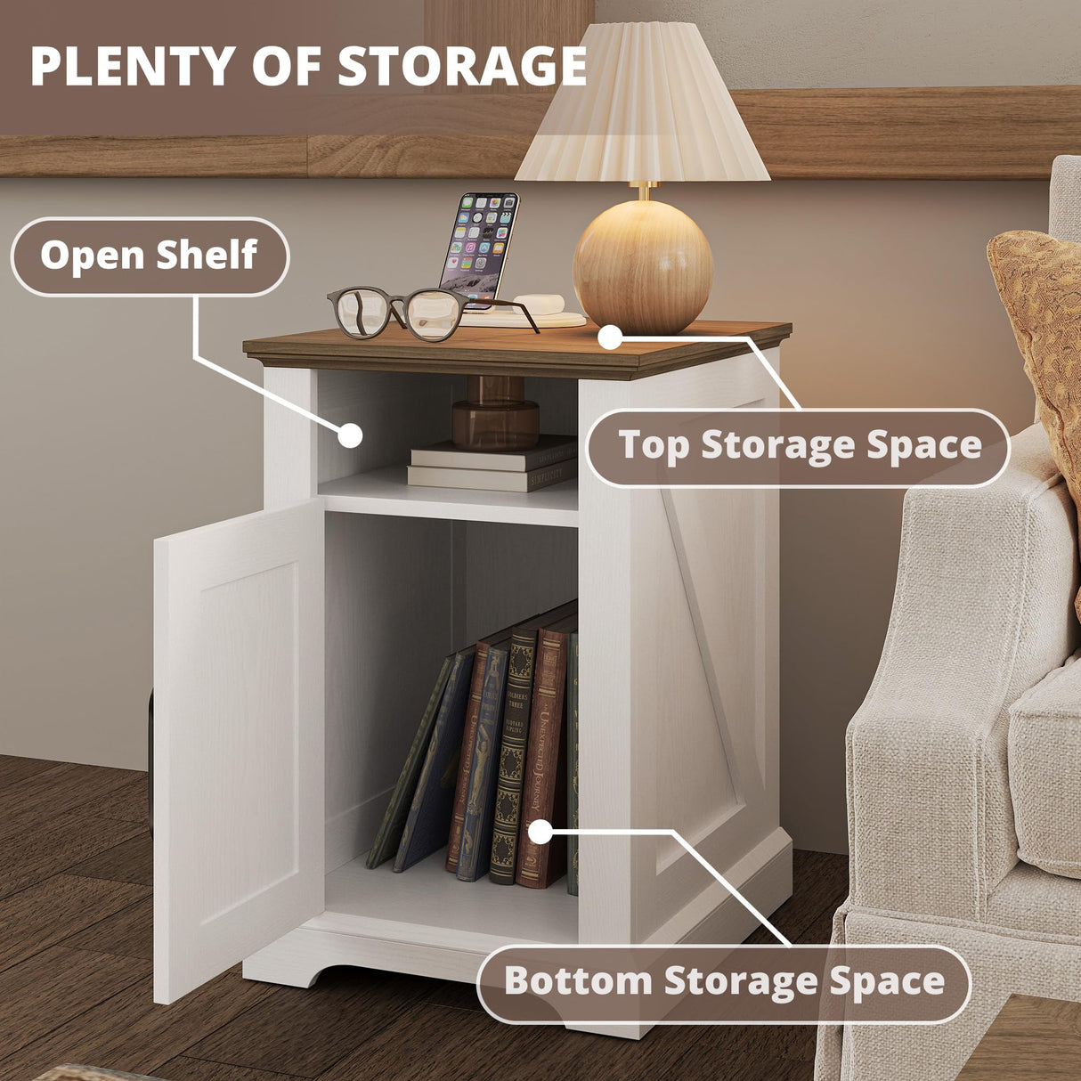 IRONCK Farmhouse Nightstand with Charging Station, Rustic Night Stand with Barn Door and Shelf, Rustic End Table Side Table with Storage for Bedroom, White/Walnut IRONCK