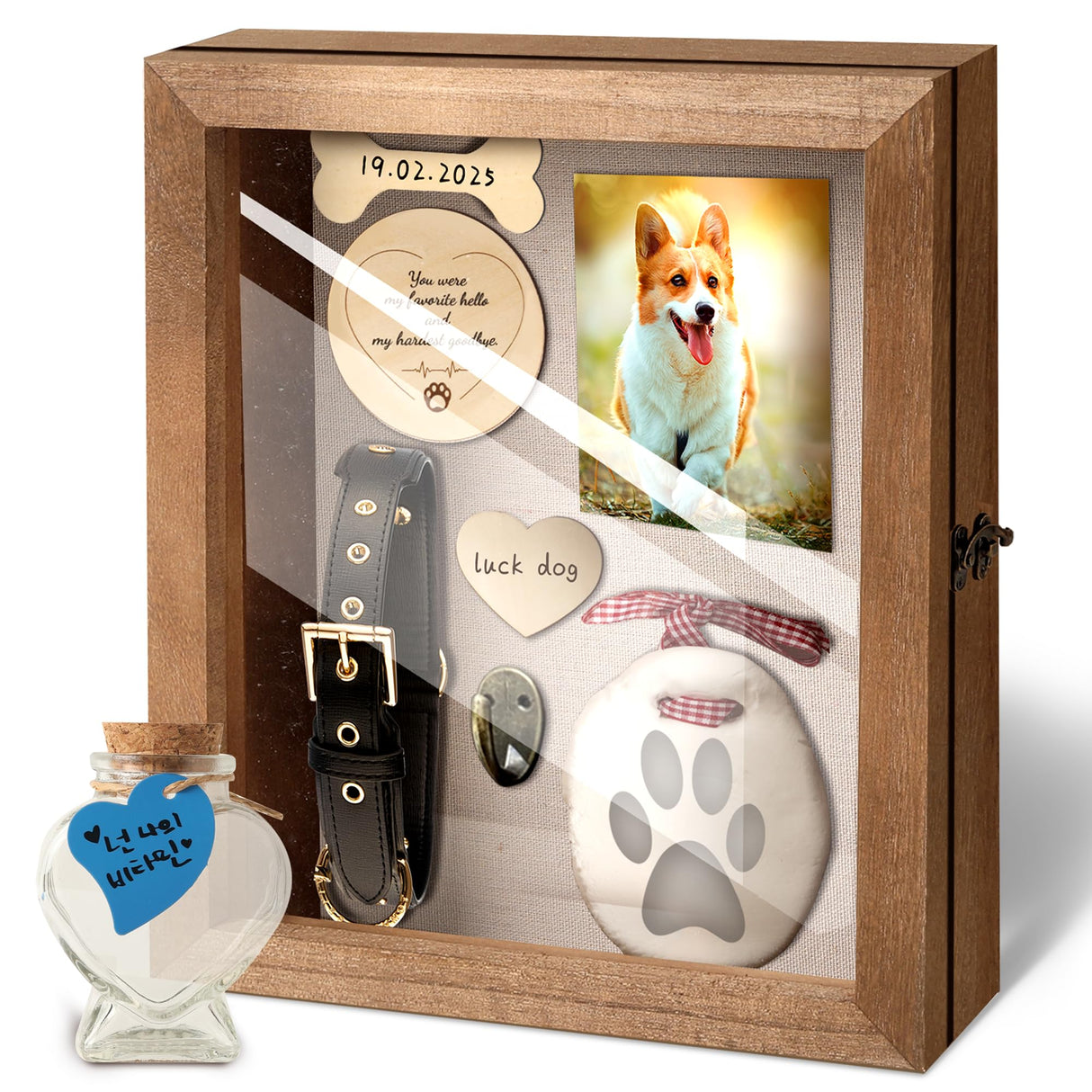 CALPALMY Pet Memorial Box - 11" x 9" Wooden Keepsake Shadow Box Kit with Paw Print Clay, Memorial Bottle & Photo Frame – Pet Loss Sympathy Gift for Dogs & Cats CALPALMY