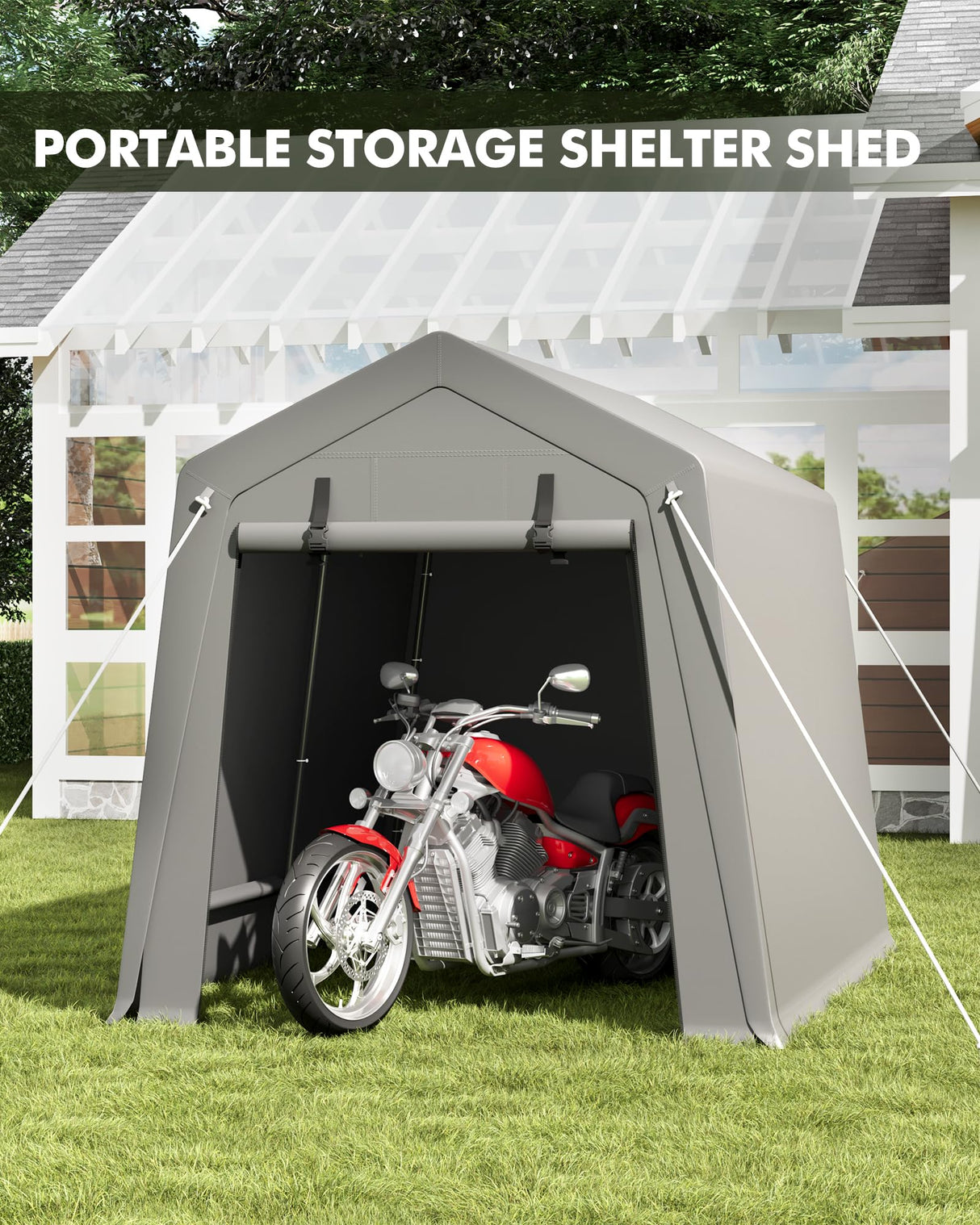 7 x 10 ft Portable Carport, Storage Shed with Heavy Duty Waterproof Tarp & 2 Roll-Up Zipper Doors, Ideal Tent for Motorcycles, Bikes, Garden Tools, and Firewood Hipicute
