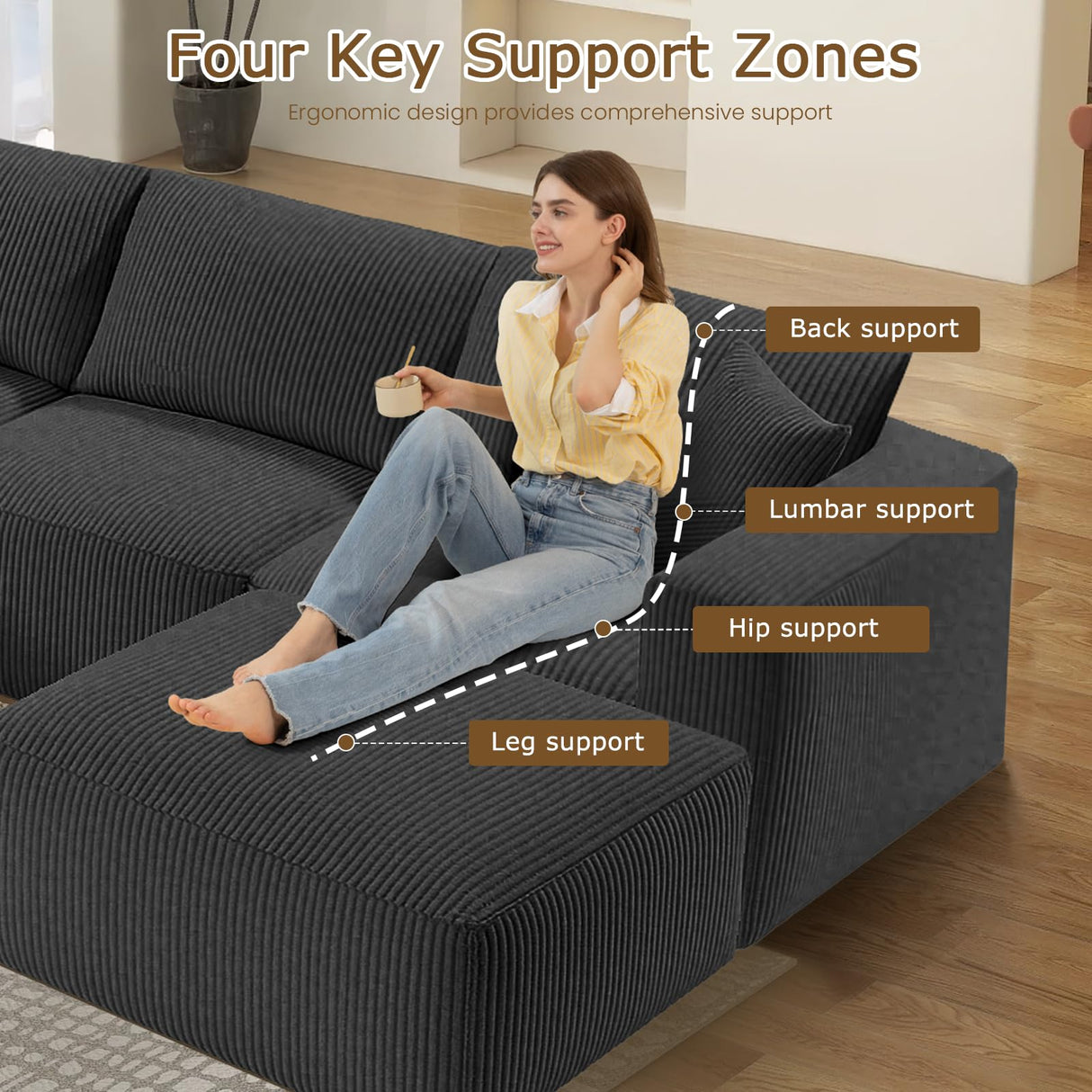 104" Cloud Couch Sectional, U Shaped Boneless Couches for Living Room, Corduroy Modern Modular Sectional Sofa, No Assembly Required (Grey, U-Shaped) cidludto