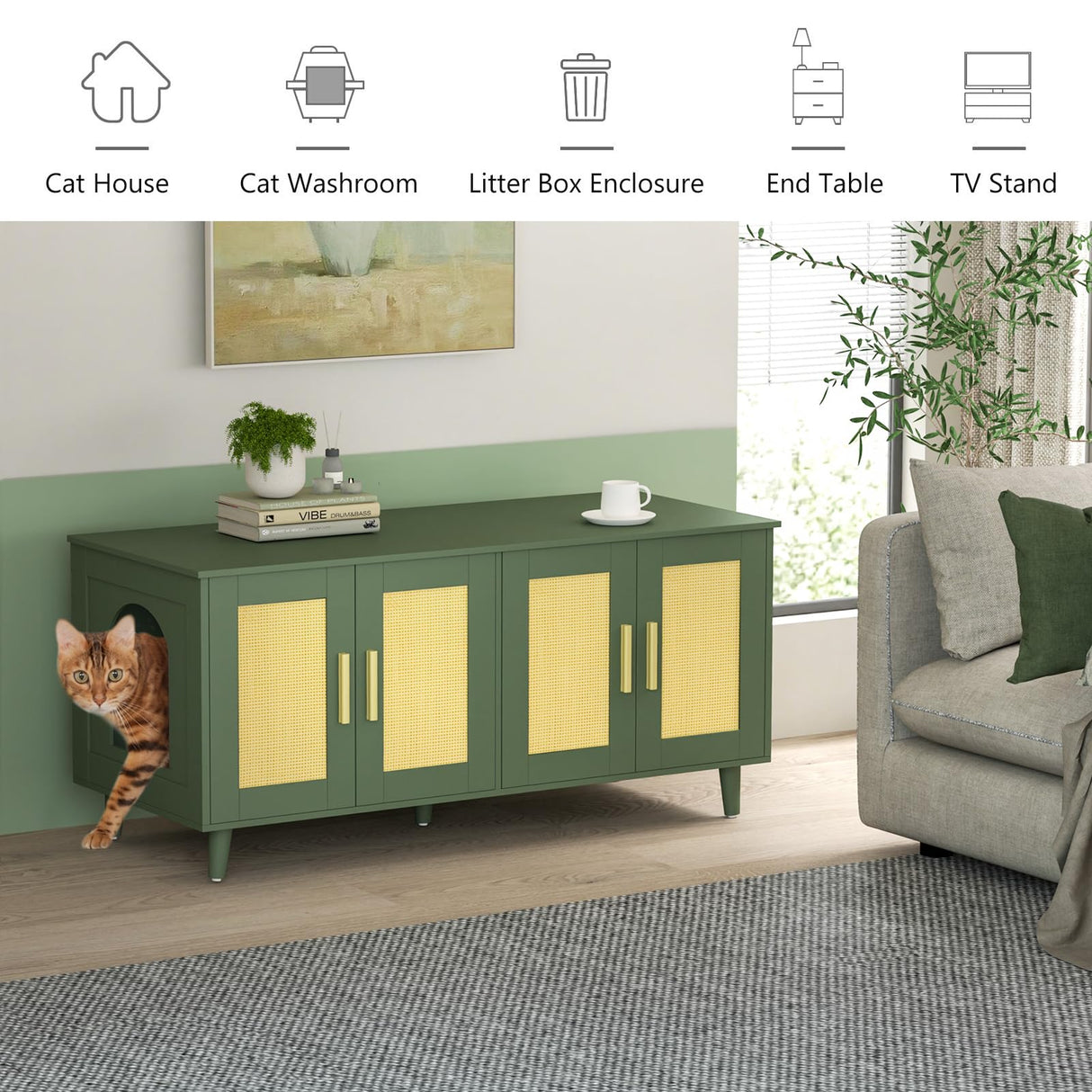 Homhedy Boho Cat Litter Box Enclosure for 2 Cats, Wooden Cat Washroom Furniture with Double Rattan Decorated Doors, Pet House,47.2”L x 19.7”W x 21.7”H, Green Homhedy