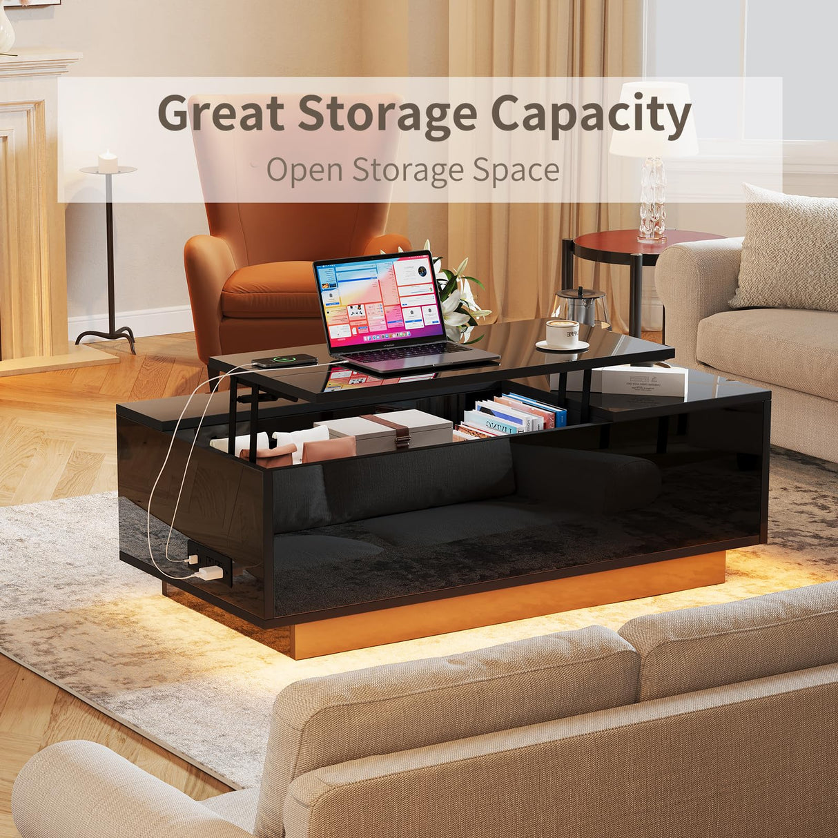 Buenhomino 47" Modern LED Coffee Table with Lift Top, All Black Coffee Table with Storage High Gloss Surface, Hidden Storage with Drawer, Open Shelves, and Built-in Power Outlet for Living Room Buenhomino