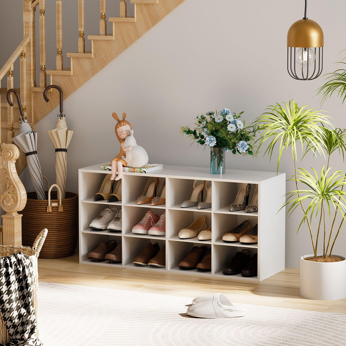 Garden 4 you Shoe Storage Bench, Cubby Shoe Rack with 12 Cubbies, 3-Tier Wood Shoe Rack Organizer, Shoe Organizer Cabinet for Entryway, Hallway, Closet and Garage, White Garden 4 you