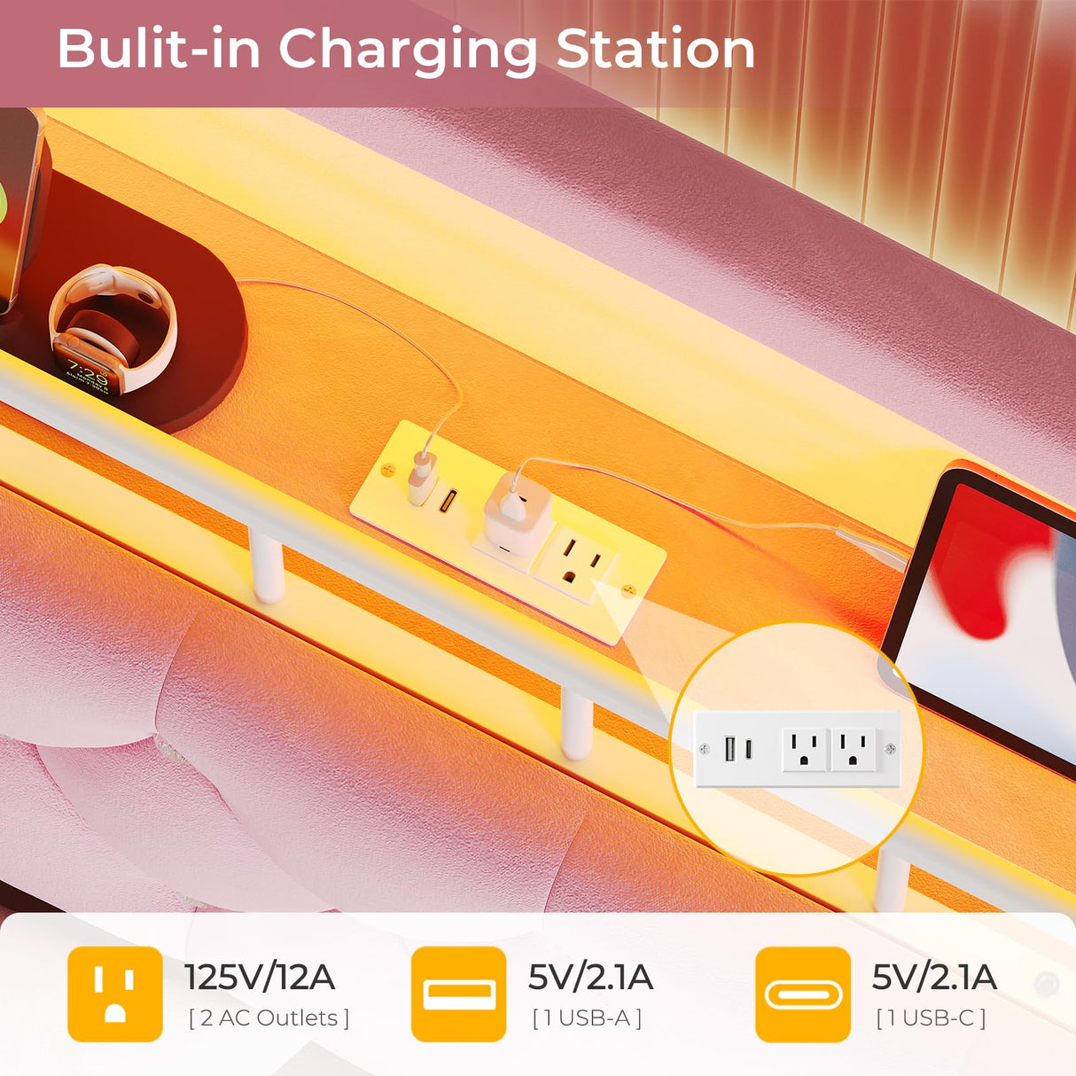 BTHFST Full Szie Girls Bed with LED Lights & Charging Station, Princess Full Size Bed Frame with Hidden Storage Headborad, Sturdy Platform Bed, No Box Spring Needed/Noise-Free/Easy Assembly, Pink BTHFST
