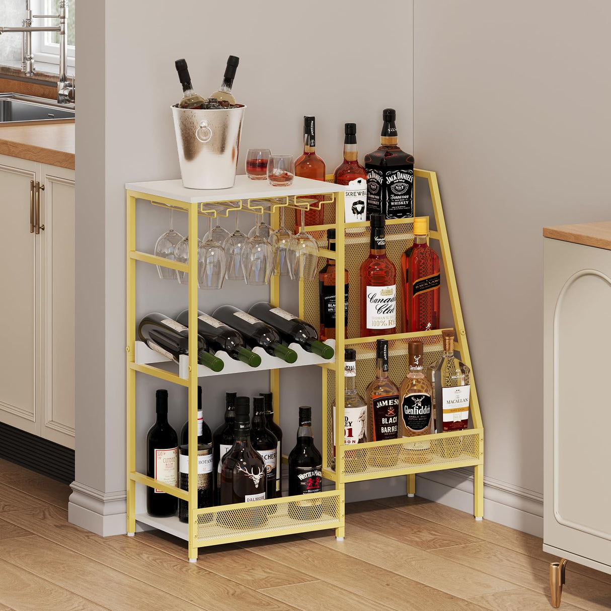 Gold Liquor Stand with Glass Holder, Multifunctional Wine Rack Freestanding Floor with Fences, Mini Bar Table for Liquor Whiskey Wine, 3-Tier Trapezoidal Liquor Cabinet for Home Bar (Patent Pending) Hayexiha
